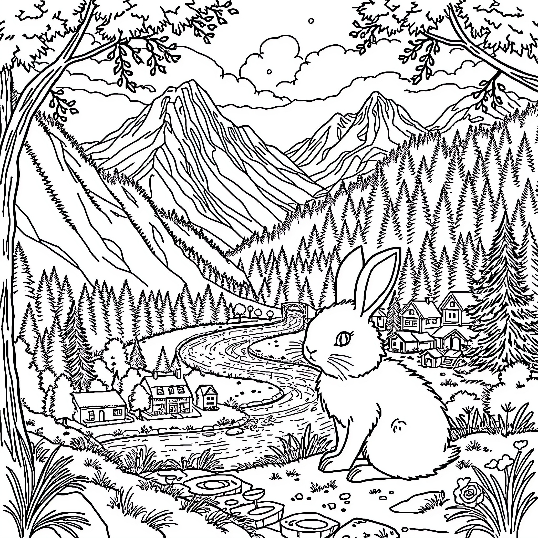 Rabbit in a Serene Mountain Landscape Coloring Page (free black-and-white line drawing printable PDF for all, from beginners to advanced learners, including children, teens, adults, and seniors)