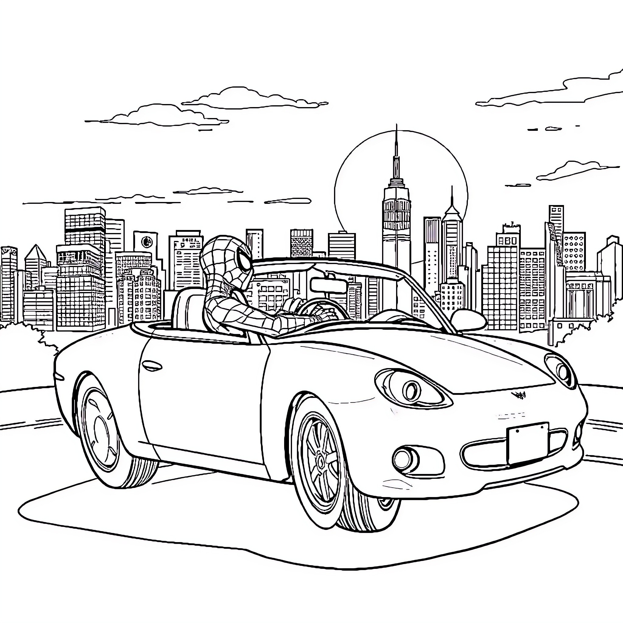 Spider-Man cruising through the city in a sports car Coloring Page (free black-and-white line drawing printable PDF for all, from beginners to advanced learners, including children, teens, adults, and seniors)