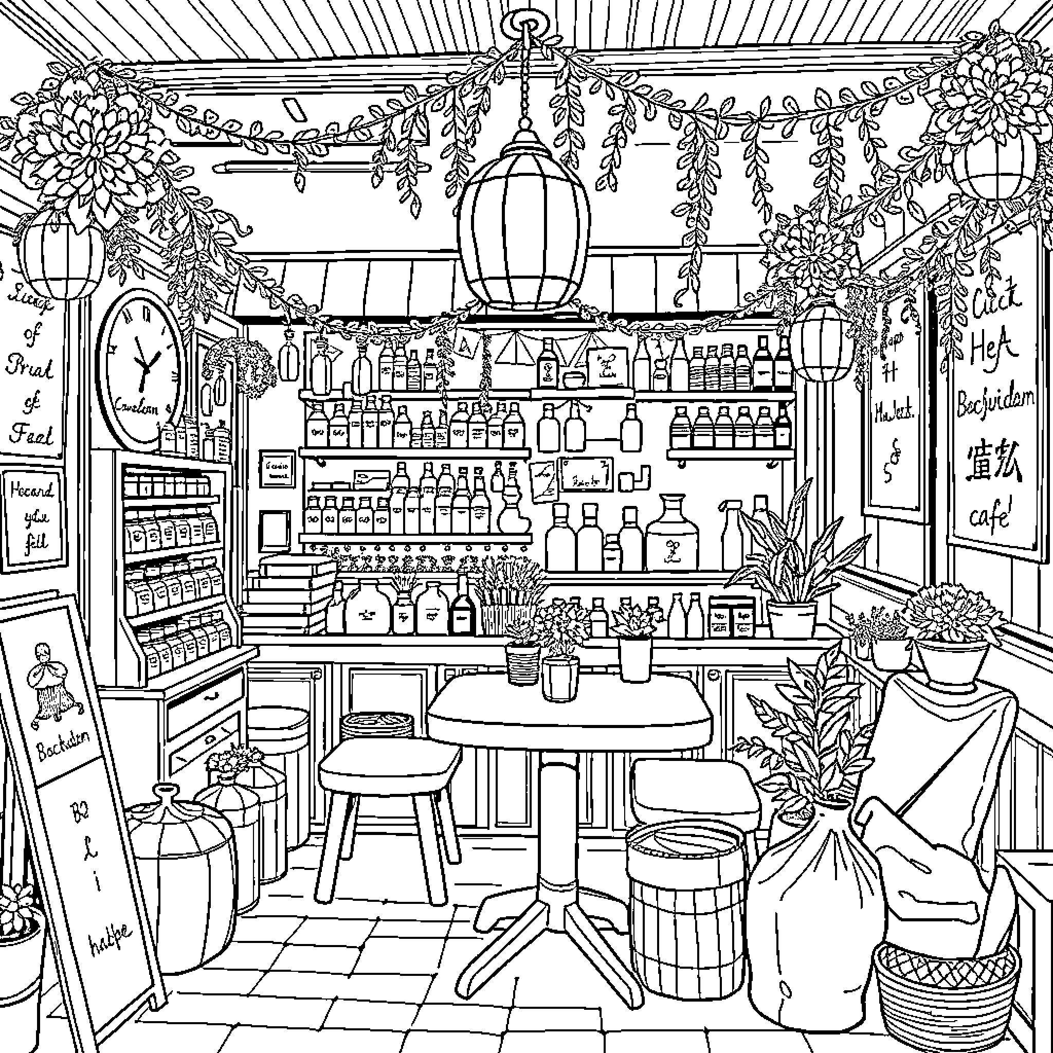Amsterdam Floral Cafe Interior Scene Coloring Page (free black-and-white line drawing printable PDF for all, from beginners to advanced learners, including children, teens, adults, and seniors)