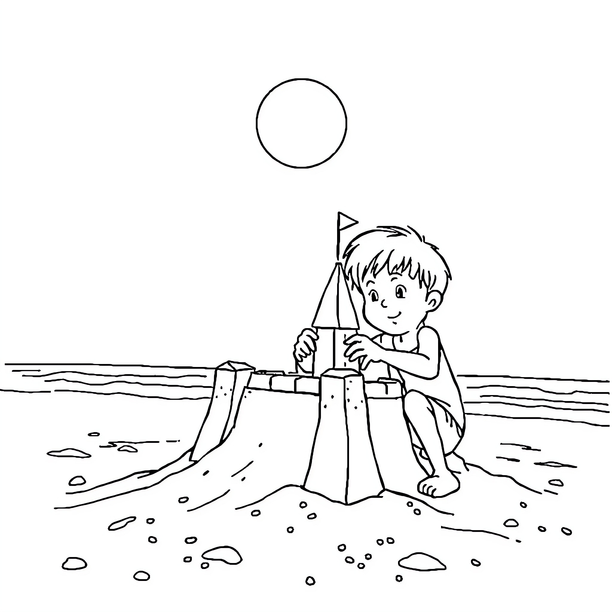 Child building sandcastle on the beach Coloring Page (free black-and-white line drawing printable PDF for all, from beginners to advanced learners, including children, teens, adults, and seniors)