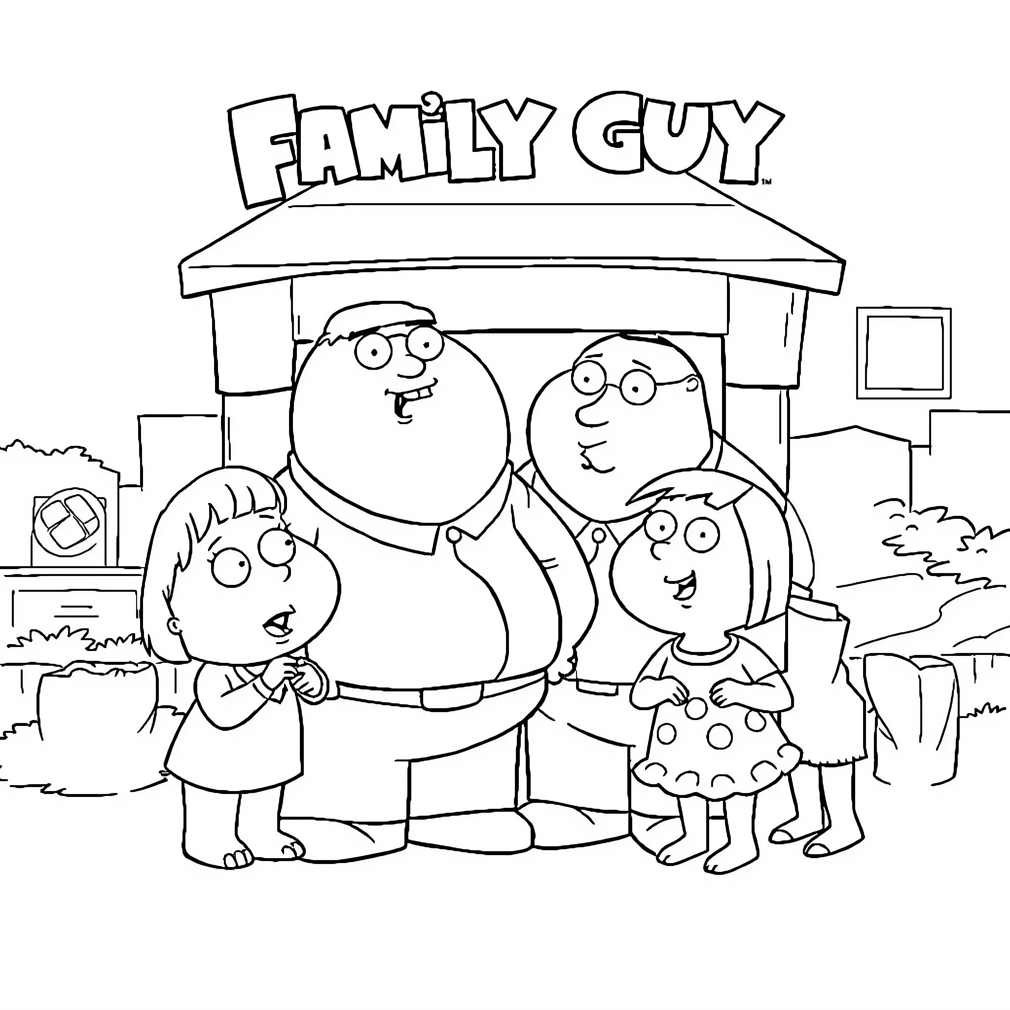 Family Guy characters in front of their house Coloring Page (free black-and-white line drawing printable PDF for all, from beginners to advanced learners, including children, teens, adults, and seniors)