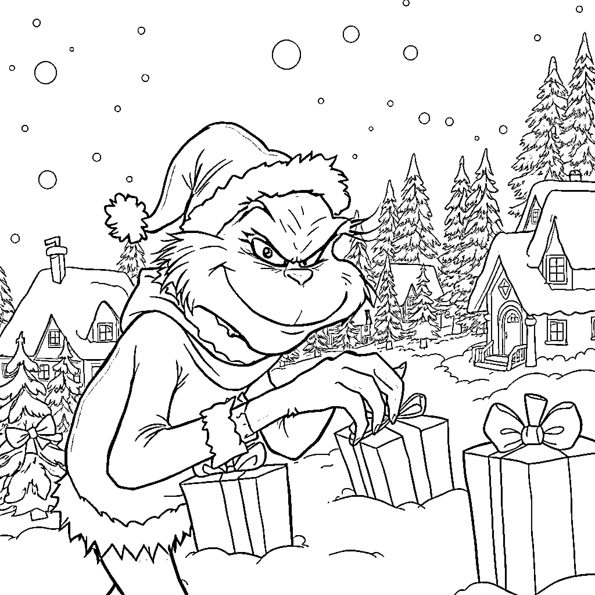 Grinch stealing Christmas presents in wintry village Coloring Page (free black-and-white line drawing printable PDF for all, from beginners to advanced learners, including children, teens, adults, and seniors)