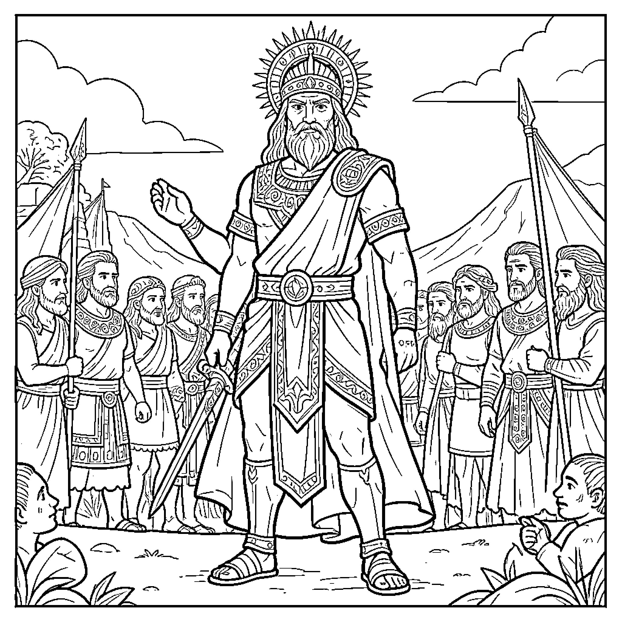 Agamemnon leading a group of determined warriors Coloring Page (free black-and-white line drawing printable PDF for all, from beginners to advanced learners, including children, teens, adults, and seniors)