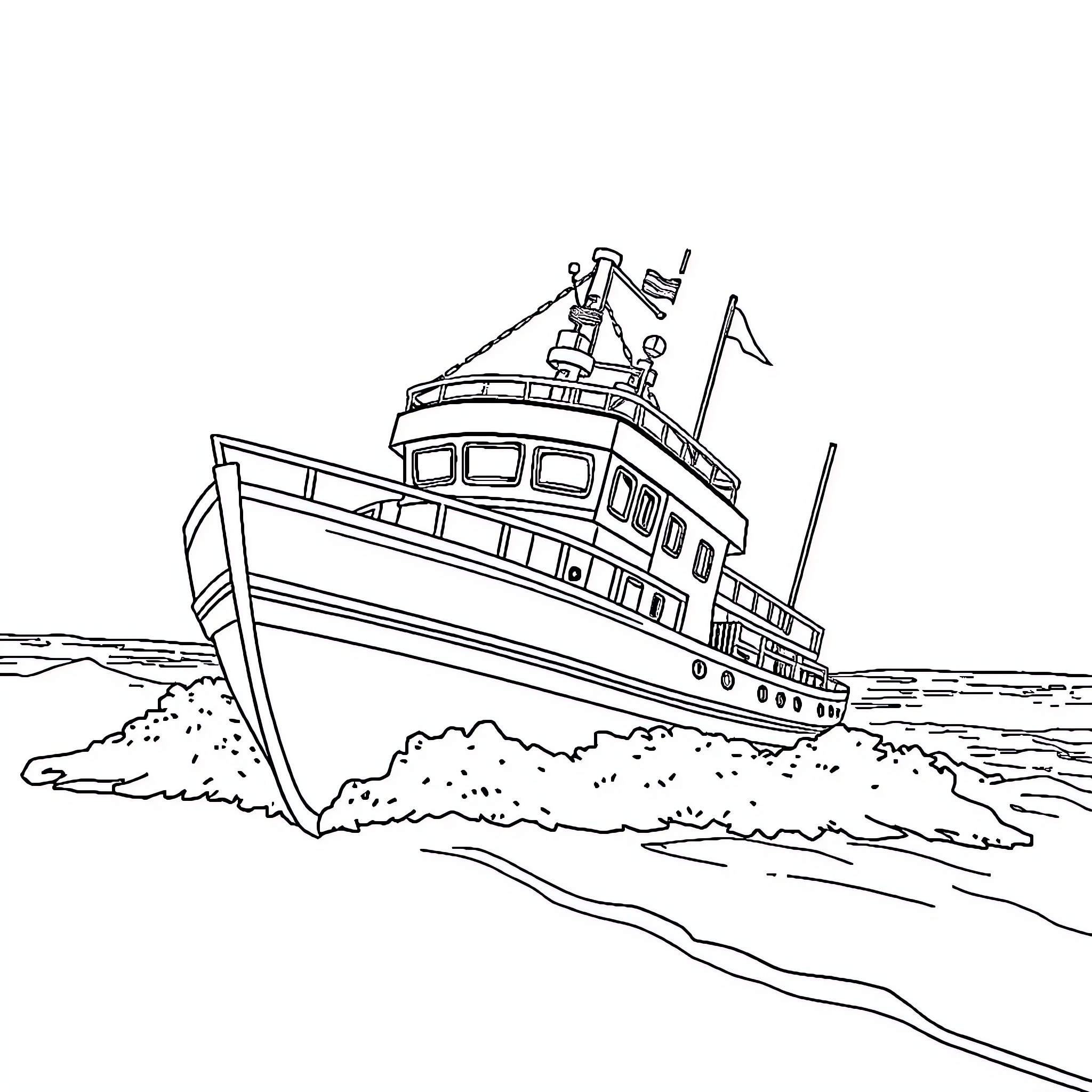 Icebreaker ship navigating through icy waters Coloring Page (free black-and-white line drawing printable PDF for all, from beginners to advanced learners, including children, teens, adults, and seniors)
