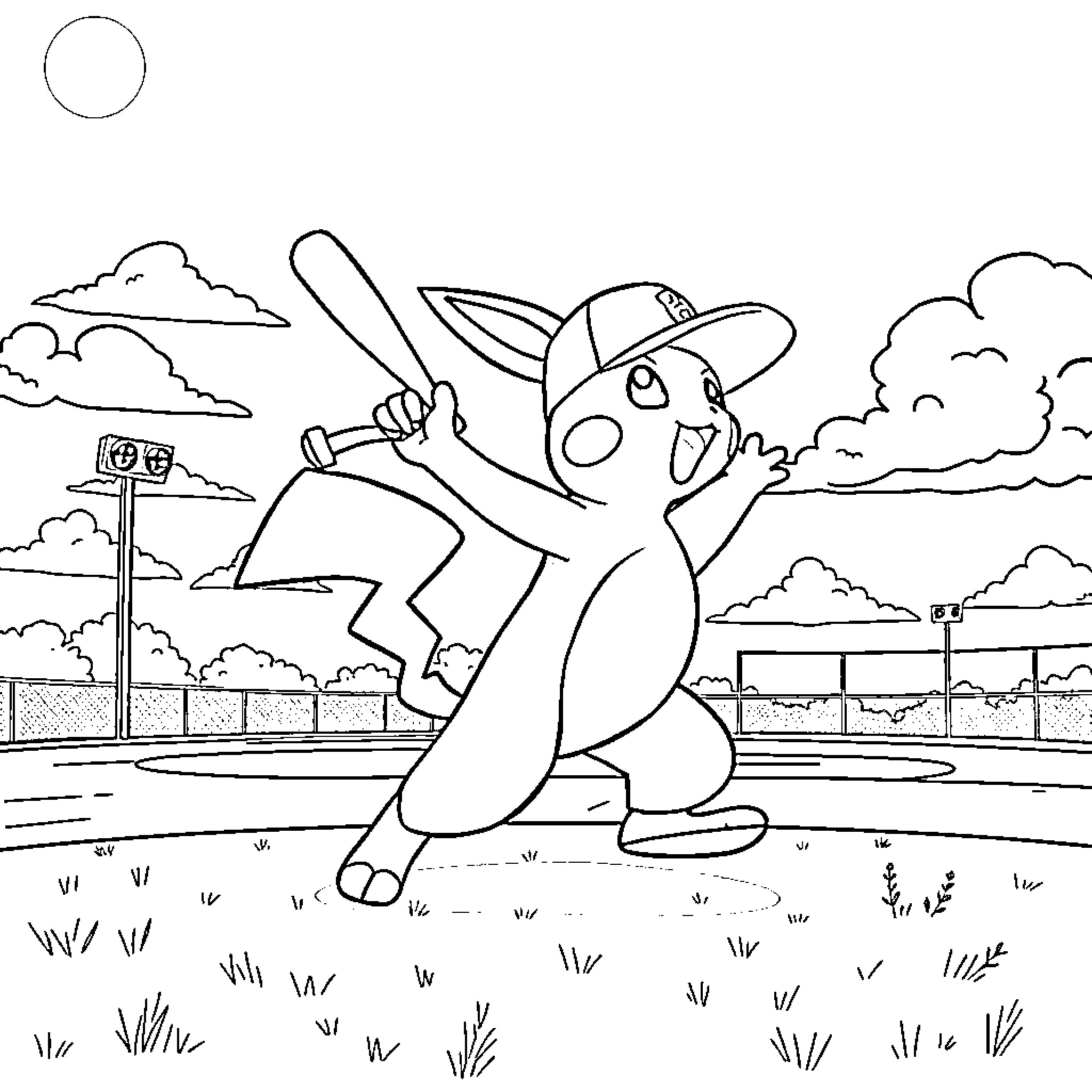 Pokémon character playing baseball on the field Coloring Page (free black-and-white line drawing printable PDF for all, from beginners to advanced learners, including children, teens, adults, and seniors)