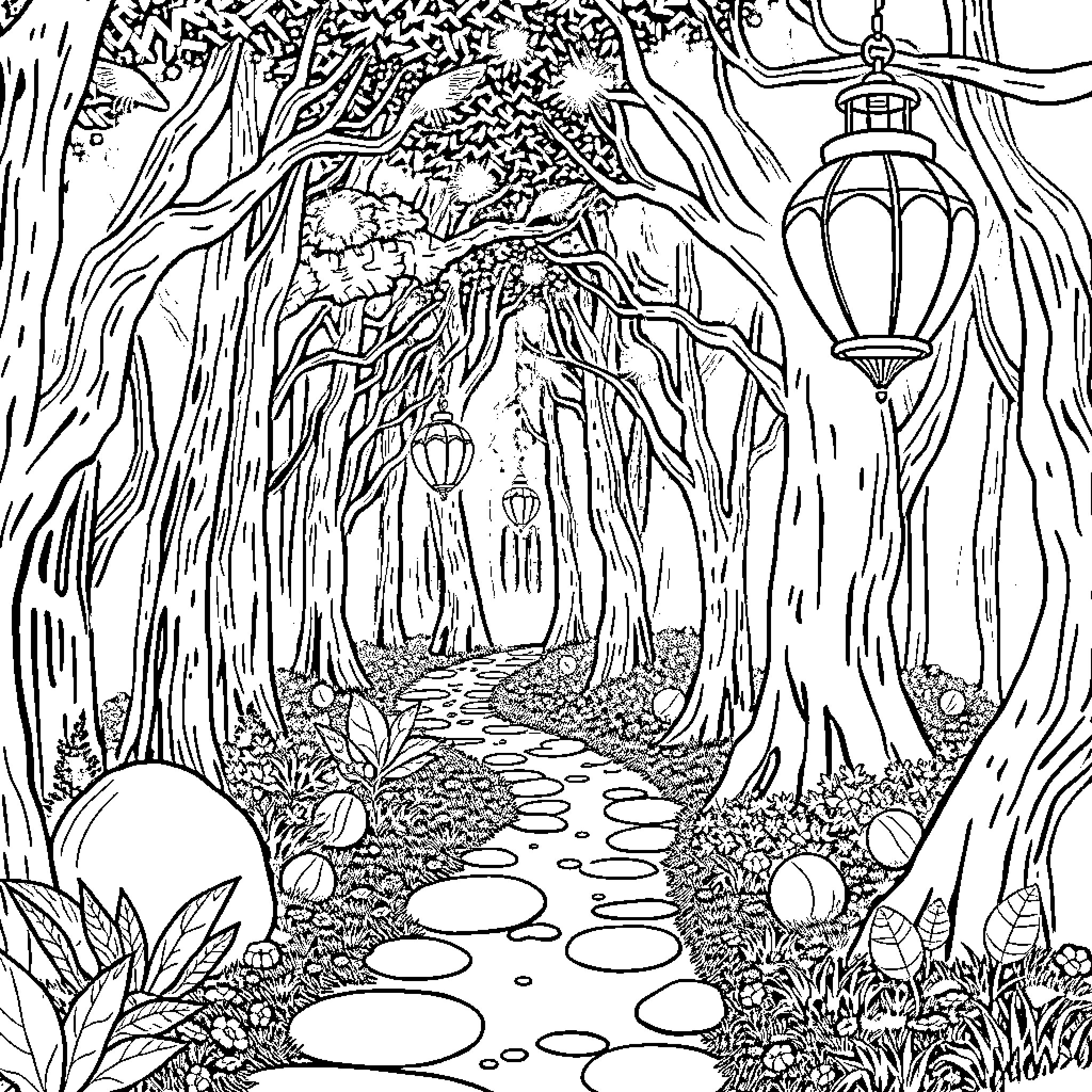 Path through whimsical forest landscape Coloring Page (free black-and-white line drawing printable PDF for all, from beginners to advanced learners, including children, teens, adults, and seniors)
