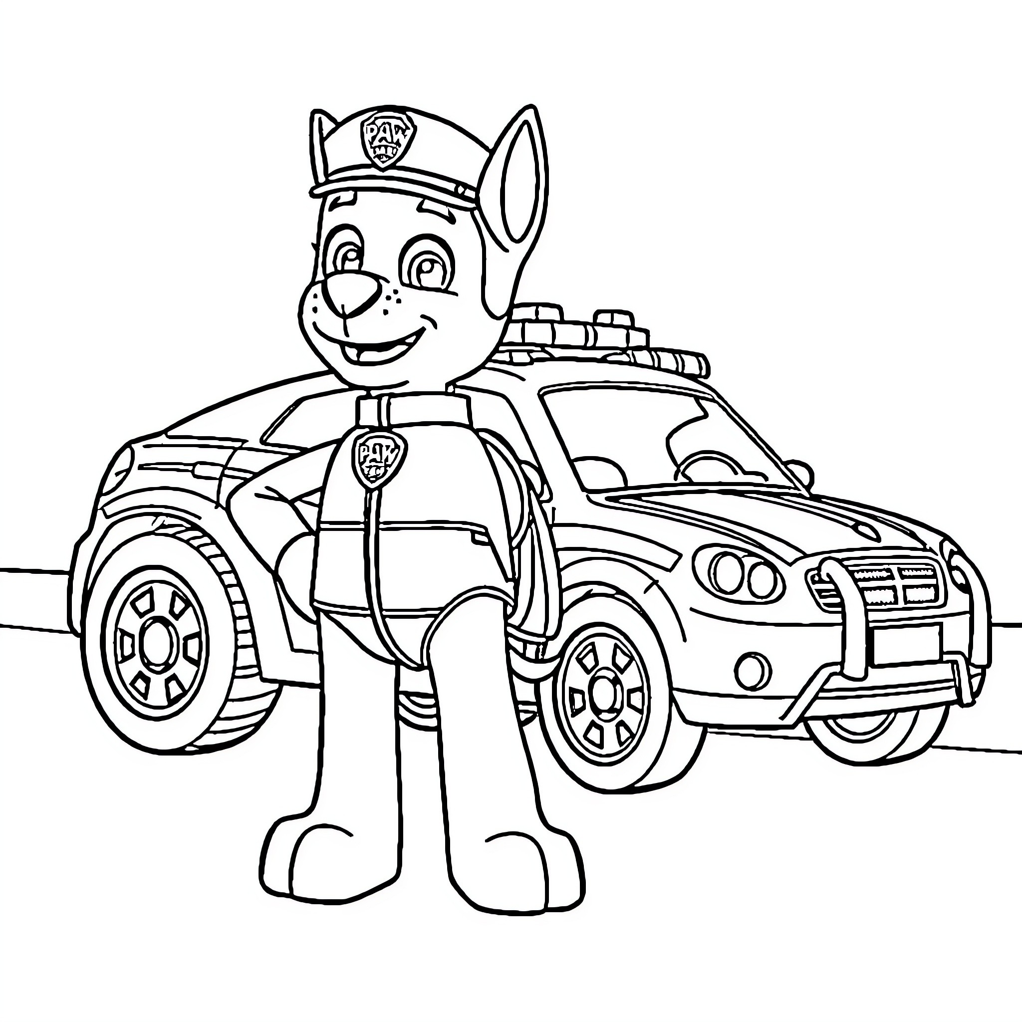 Chase the Pup's Patrol Car Adventure Coloring Page (free black-and-white line drawing printable PDF for all, from beginners to advanced learners, including children, teens, adults, and seniors)
