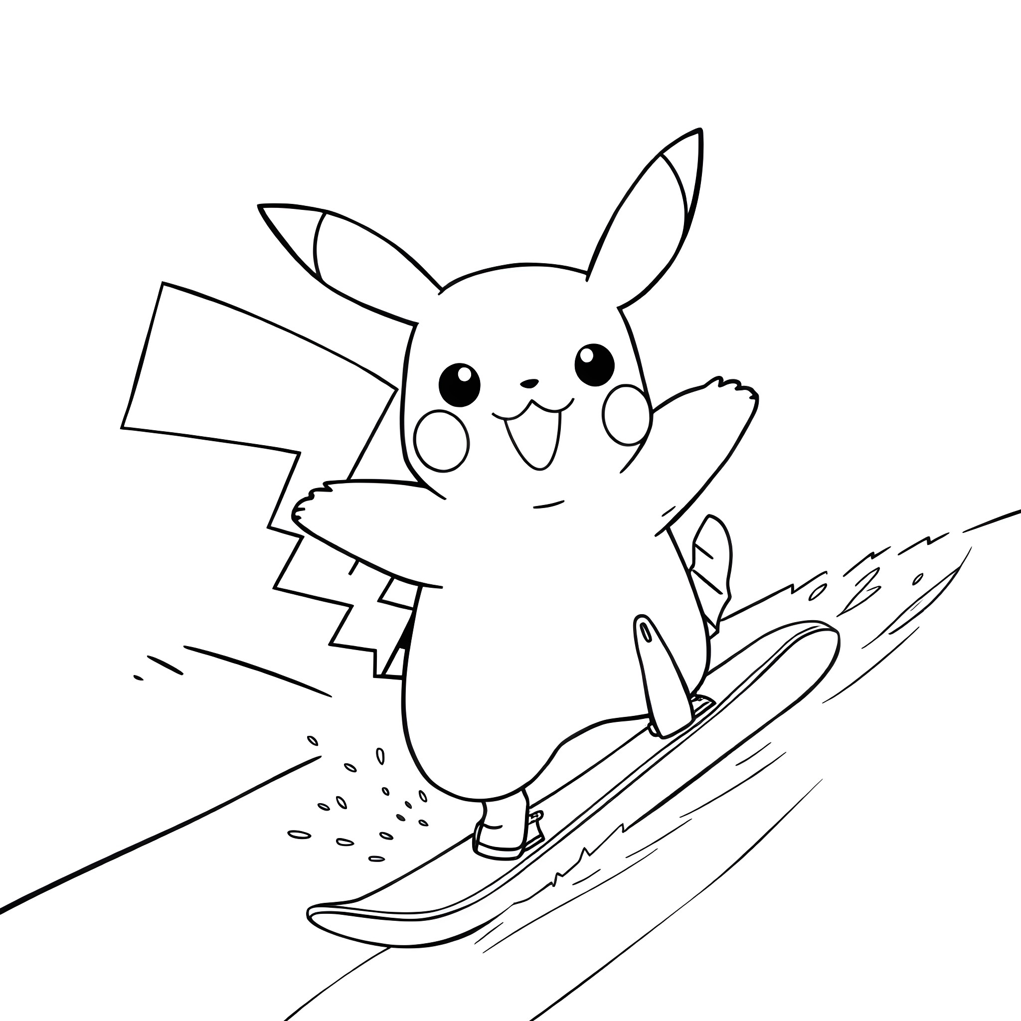 Pikachu happily surfing on a wave Coloring Page (free black-and-white line drawing printable PDF for all, from beginners to advanced learners, including children, teens, adults, and seniors)