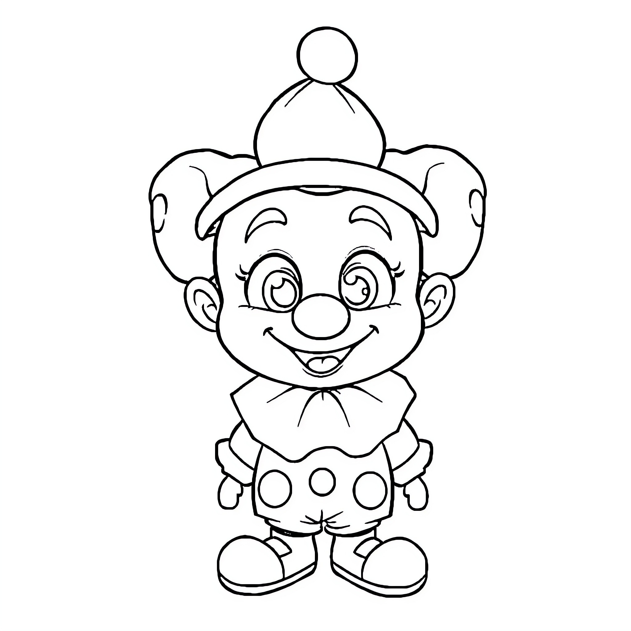 Clown with a cheerful expression and whimsical outfit Coloring Page (free black-and-white line drawing printable PDF for all, from beginners to advanced learners, including children, teens, adults, and seniors)