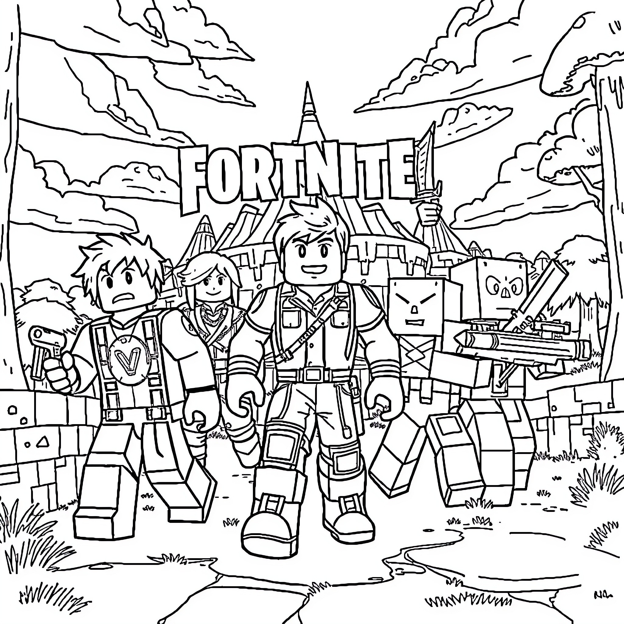 Video Game Characters in Action Adventure Landscape Coloring Page (free black-and-white line drawing printable PDF for all, from beginners to advanced learners, including children, teens, adults, and seniors)