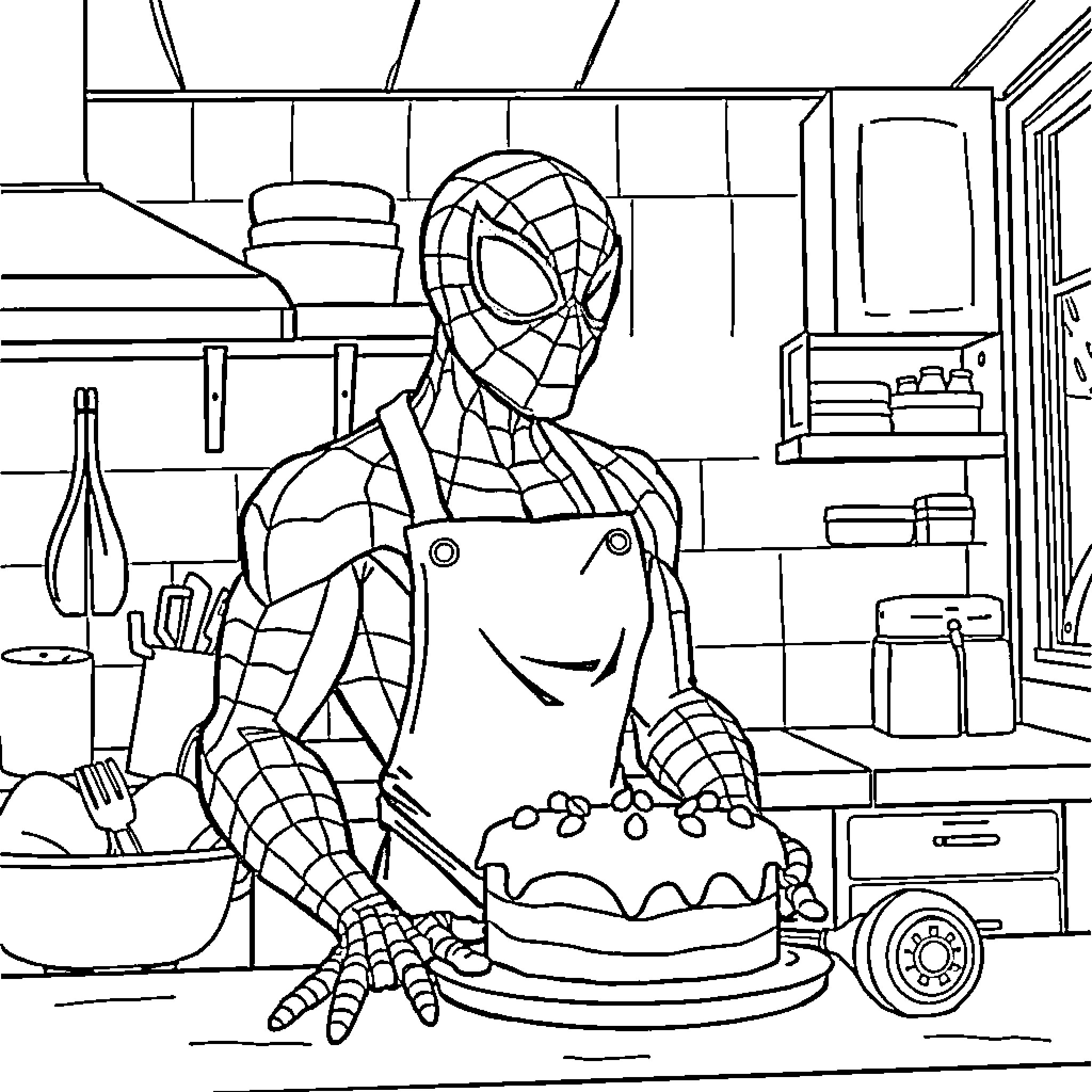 Spiderman baking a cake in the kitchen Coloring Page (free black-and-white line drawing printable PDF for all, from beginners to advanced learners, including children, teens, adults, and seniors)