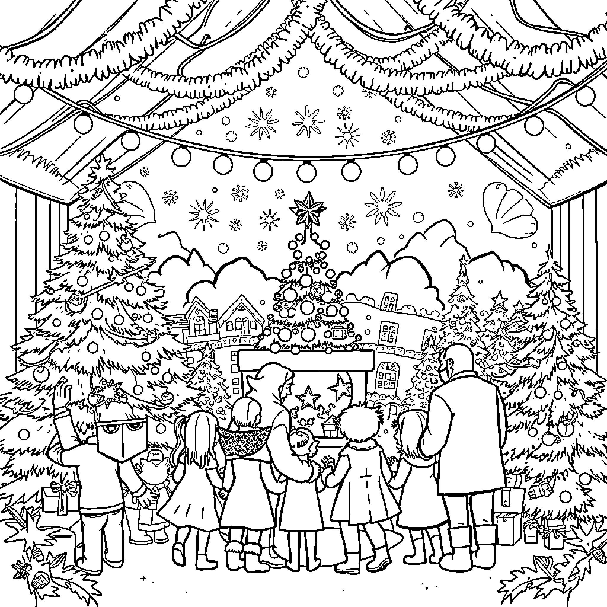 Christmas Celebration in a Wintry Wonderland Coloring Page (free black-and-white line drawing printable PDF for all, from beginners to advanced learners, including children, teens, adults, and seniors)