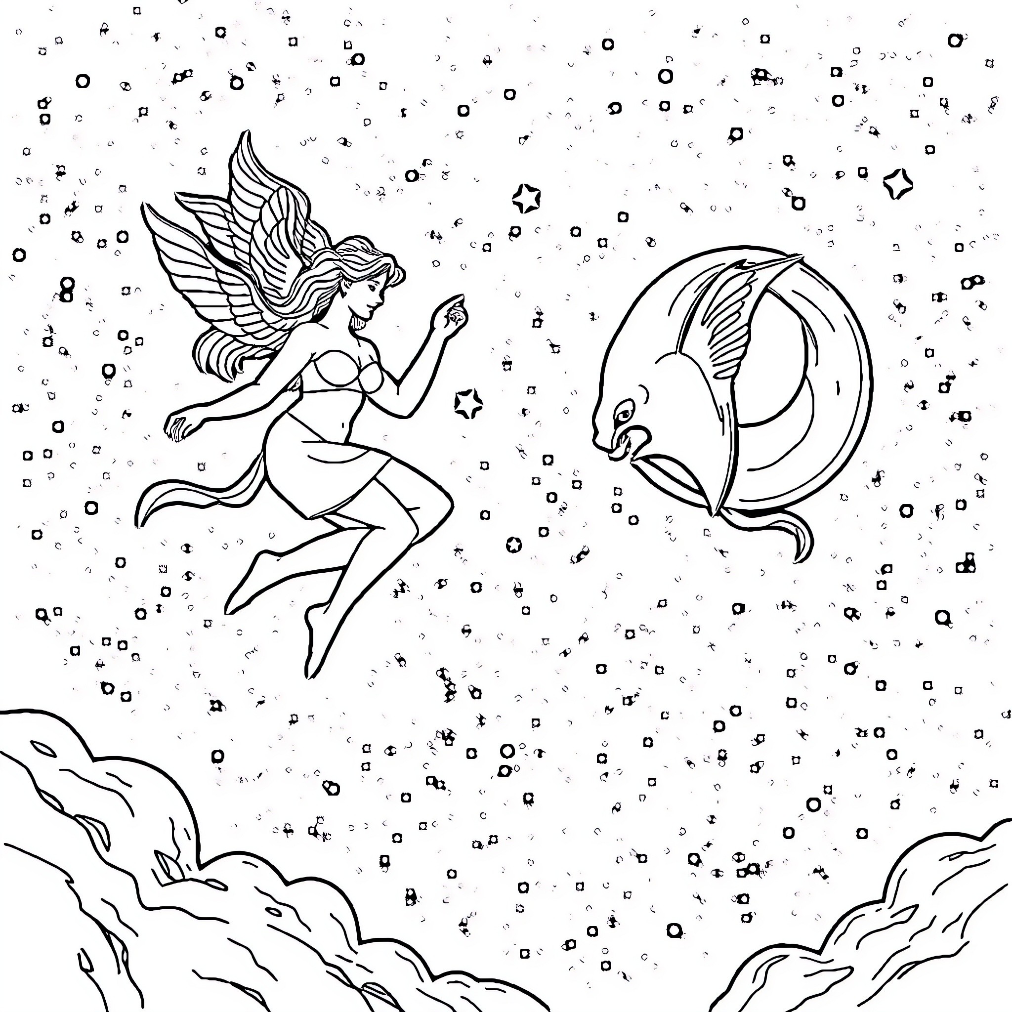 Gemini Cancer: Mystical Celestial Dance Coloring Page (free black-and-white line drawing printable PDF for all, from beginners to advanced learners, including children, teens, adults, and seniors)
