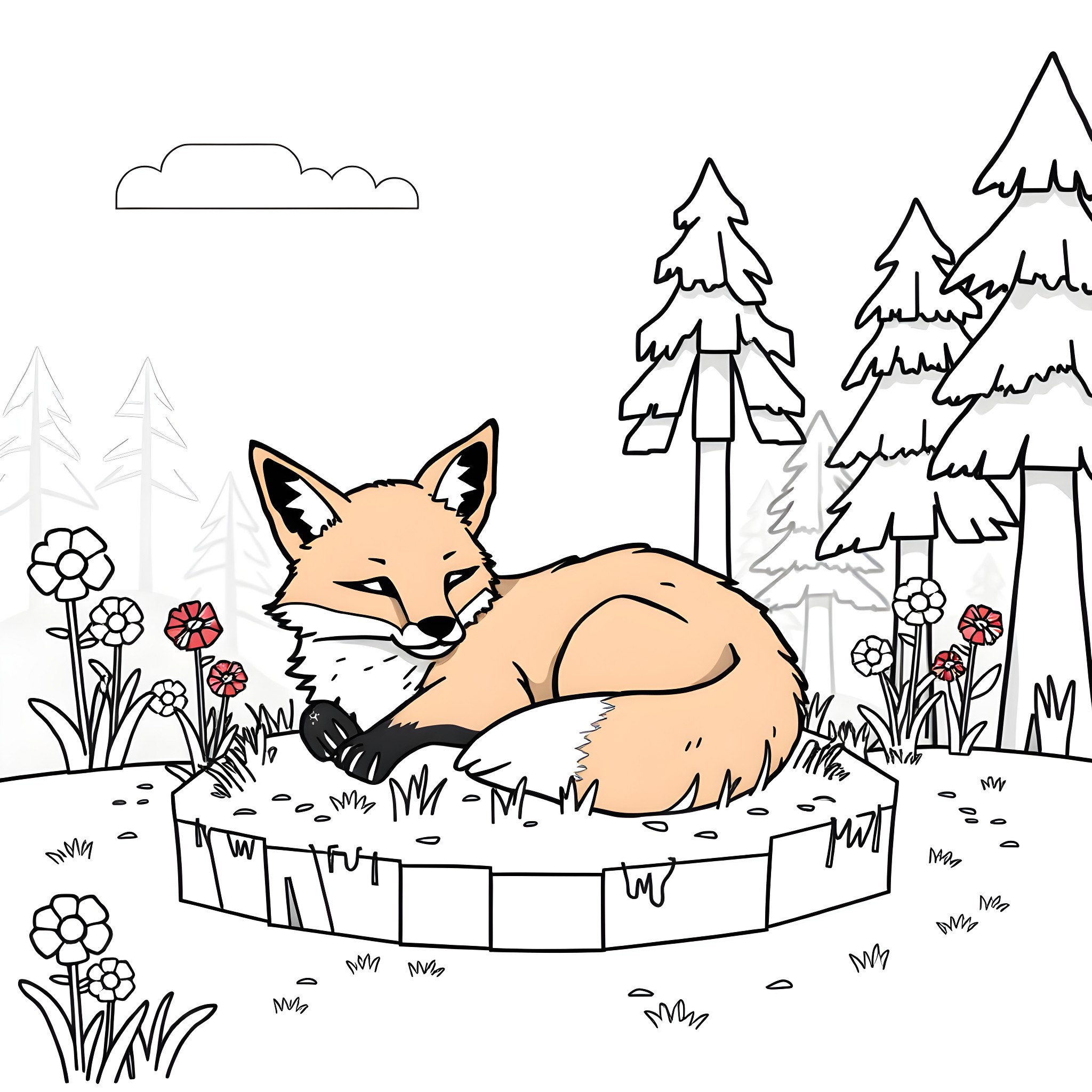 Fox resting peacefully in the forest Coloring Page (free black-and-white line drawing printable PDF for all, from beginners to advanced learners, including children, teens, adults, and seniors)
