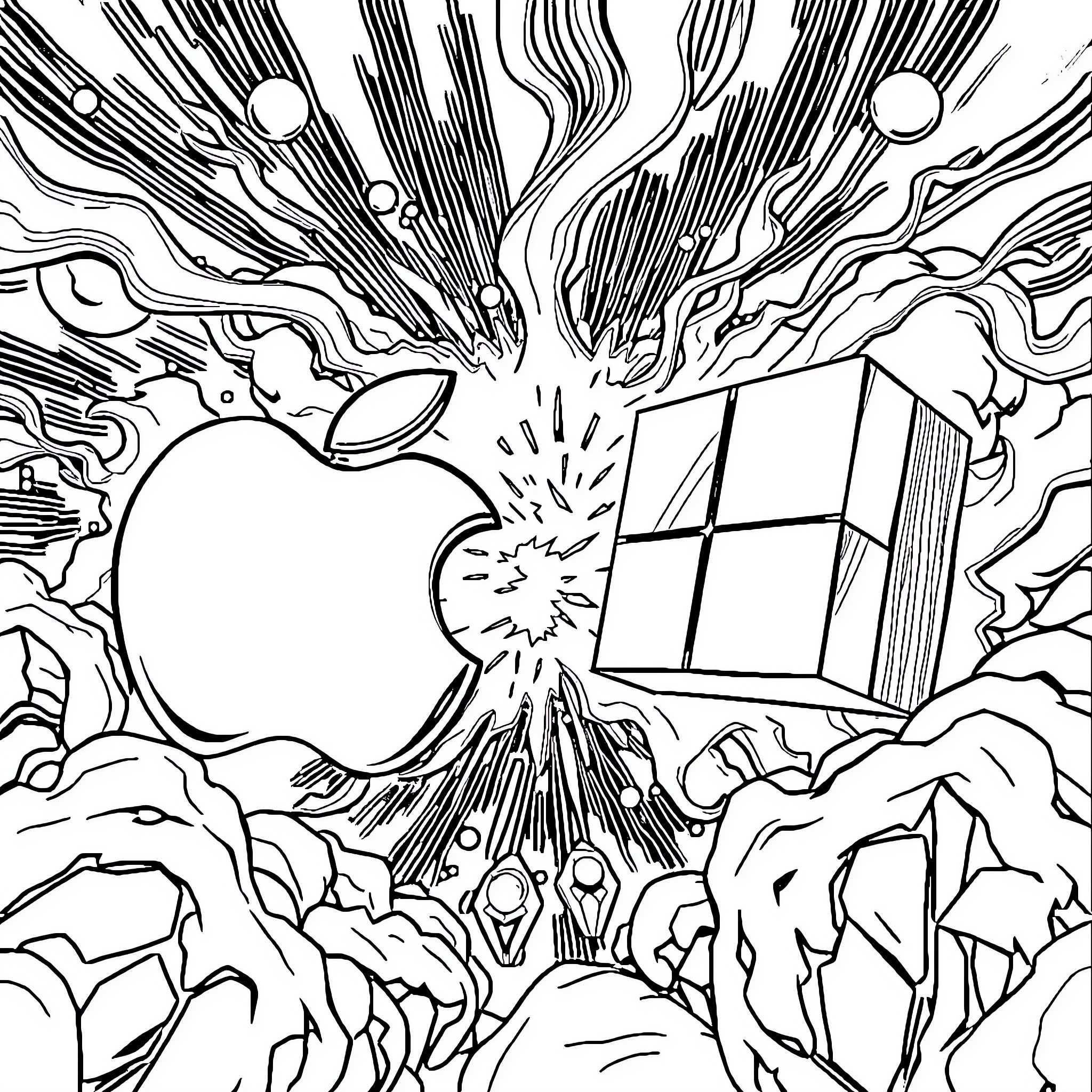 Apple device exploding in a surreal landscape Coloring Page (free black-and-white line drawing printable PDF for all, from beginners to advanced learners, including children, teens, adults, and seniors)