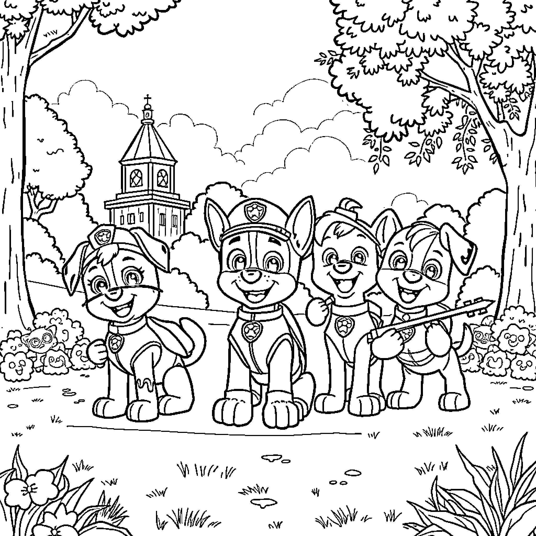 Paw Patrol characters in an outdoor adventure scene Coloring Page (free black-and-white line drawing printable PDF for all, from beginners to advanced learners, including children, teens, adults, and seniors)
