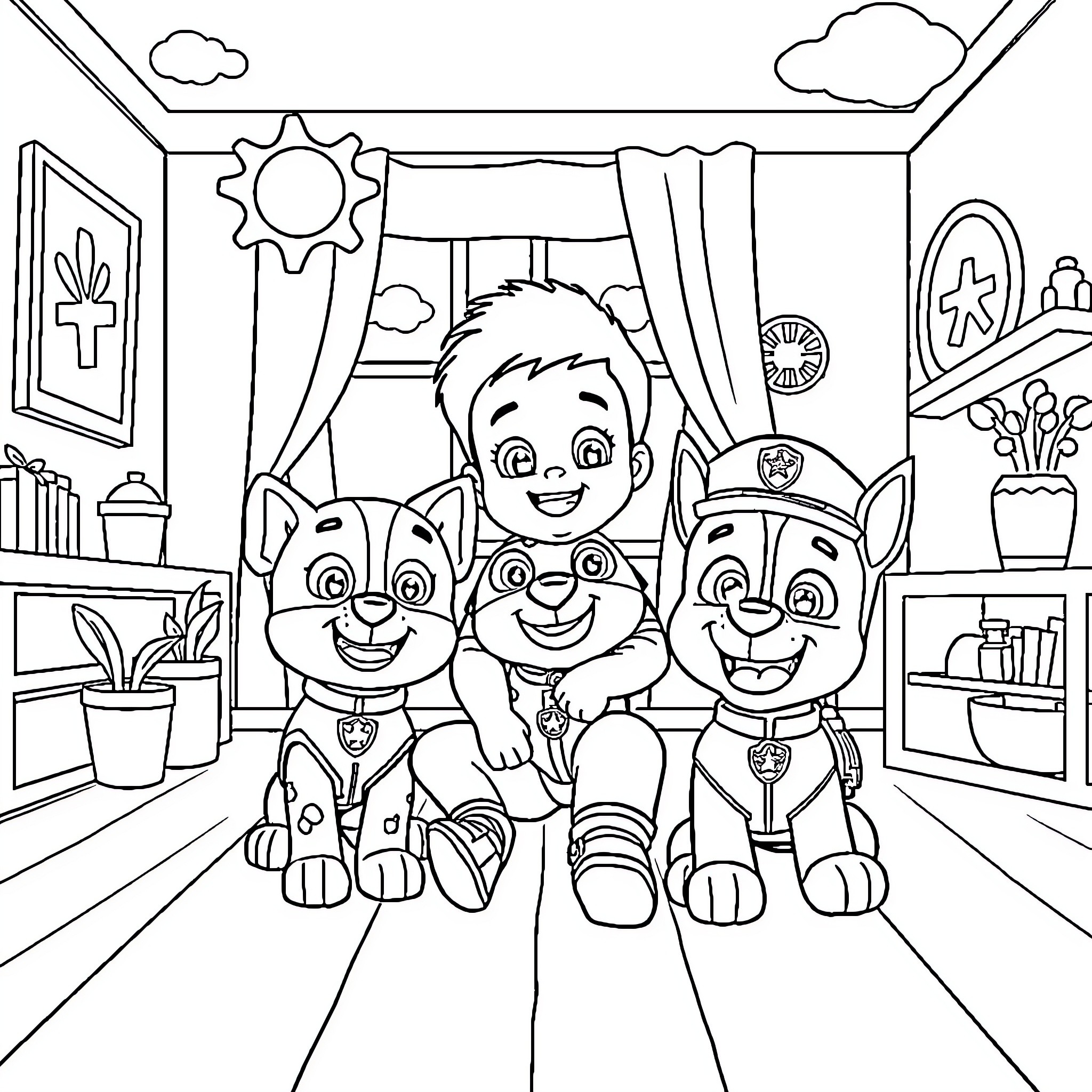 Youssef and his pup friends explore their room Coloring Page (free black-and-white line drawing printable PDF for all, from beginners to advanced learners, including children, teens, adults, and seniors)