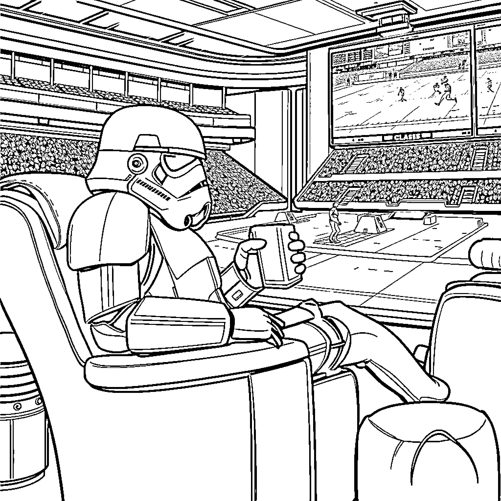 Stormtrooper watching a sports event in a stadium Coloring Page (free black-and-white line drawing printable PDF for all, from beginners to advanced learners, including children, teens, adults, and seniors)