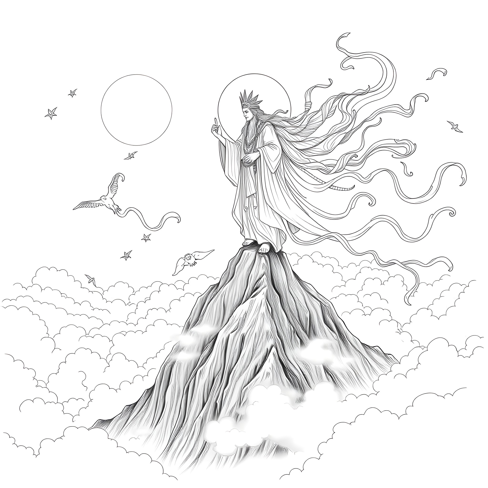 Spirit of nature atop a mystical mountain Coloring Page (free black-and-white line drawing printable PDF for all, from beginners to advanced learners, including children, teens, adults, and seniors)