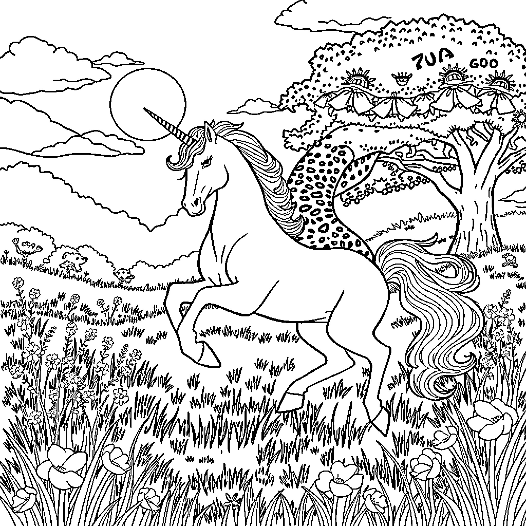 Unicorn prancing through a magical woodland landscape Coloring Page (free black-and-white line drawing printable PDF for all, from beginners to advanced learners, including children, teens, adults, and seniors)