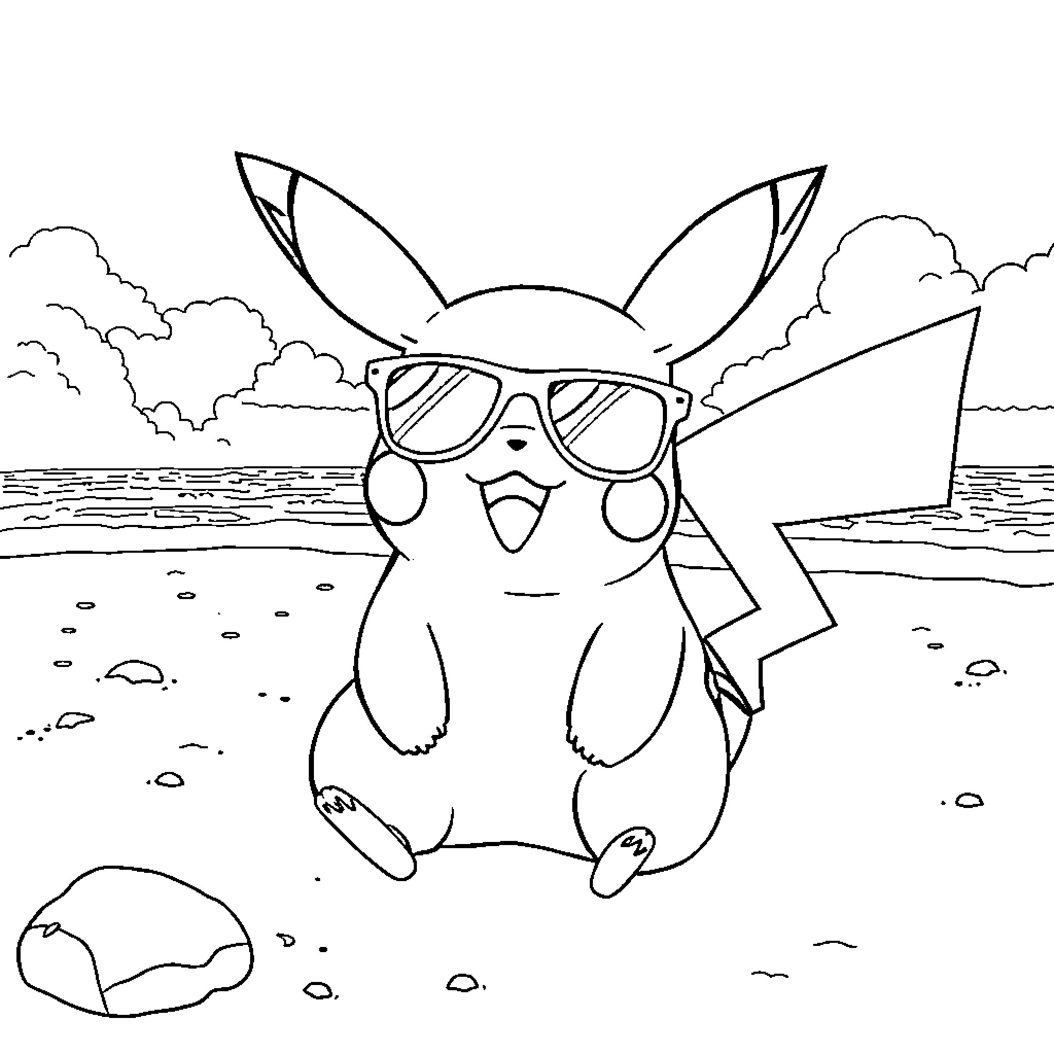 Pikachu relaxing on the beach with sunglasses Coloring Page (free black-and-white line drawing printable PDF for all, from beginners to advanced learners, including children, teens, adults, and seniors)