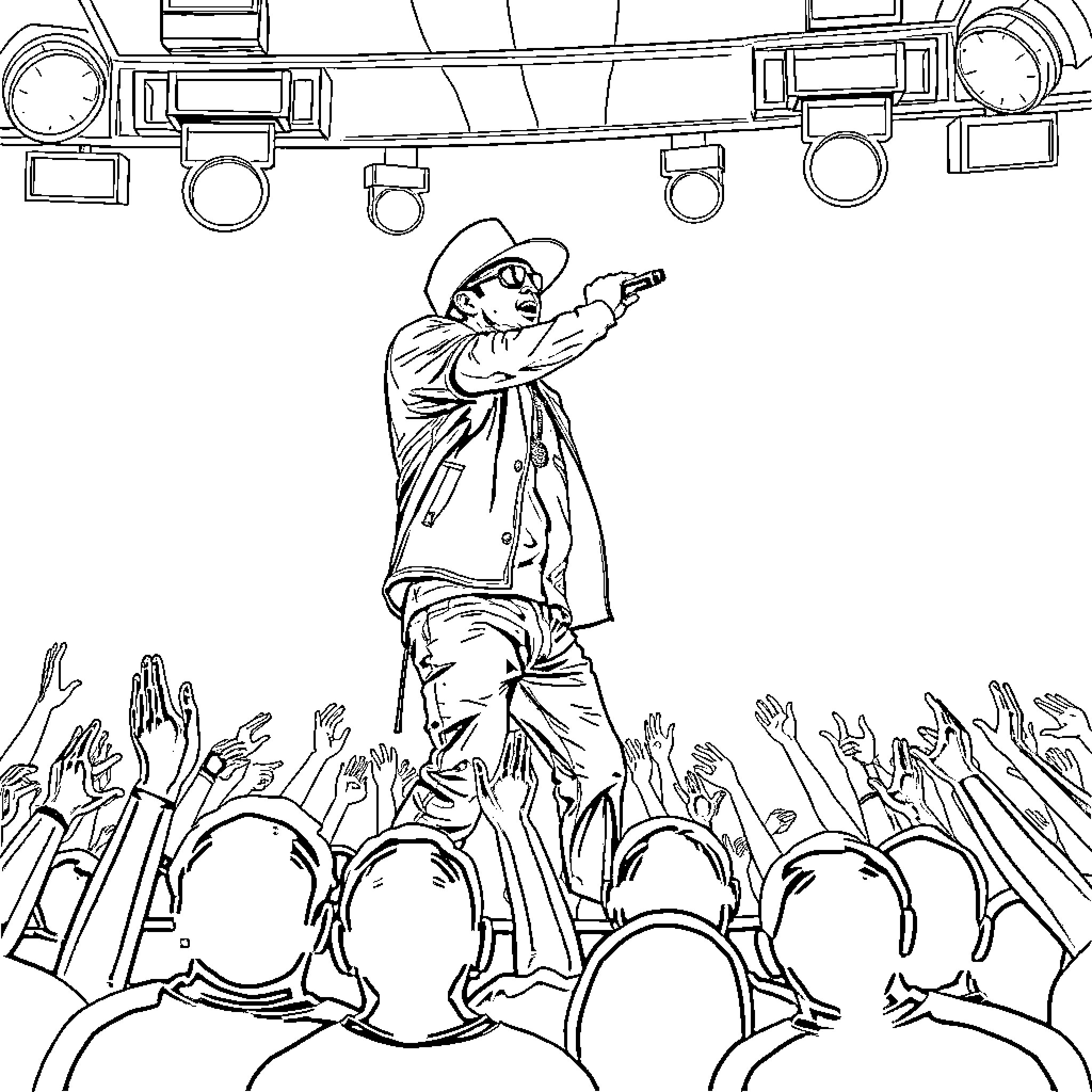 Daddy Yankee performing energetically before an enthusiastic crowd Coloring Page (free black-and-white line drawing printable PDF for all, from beginners to advanced learners, including children, teens, adults, and seniors)
