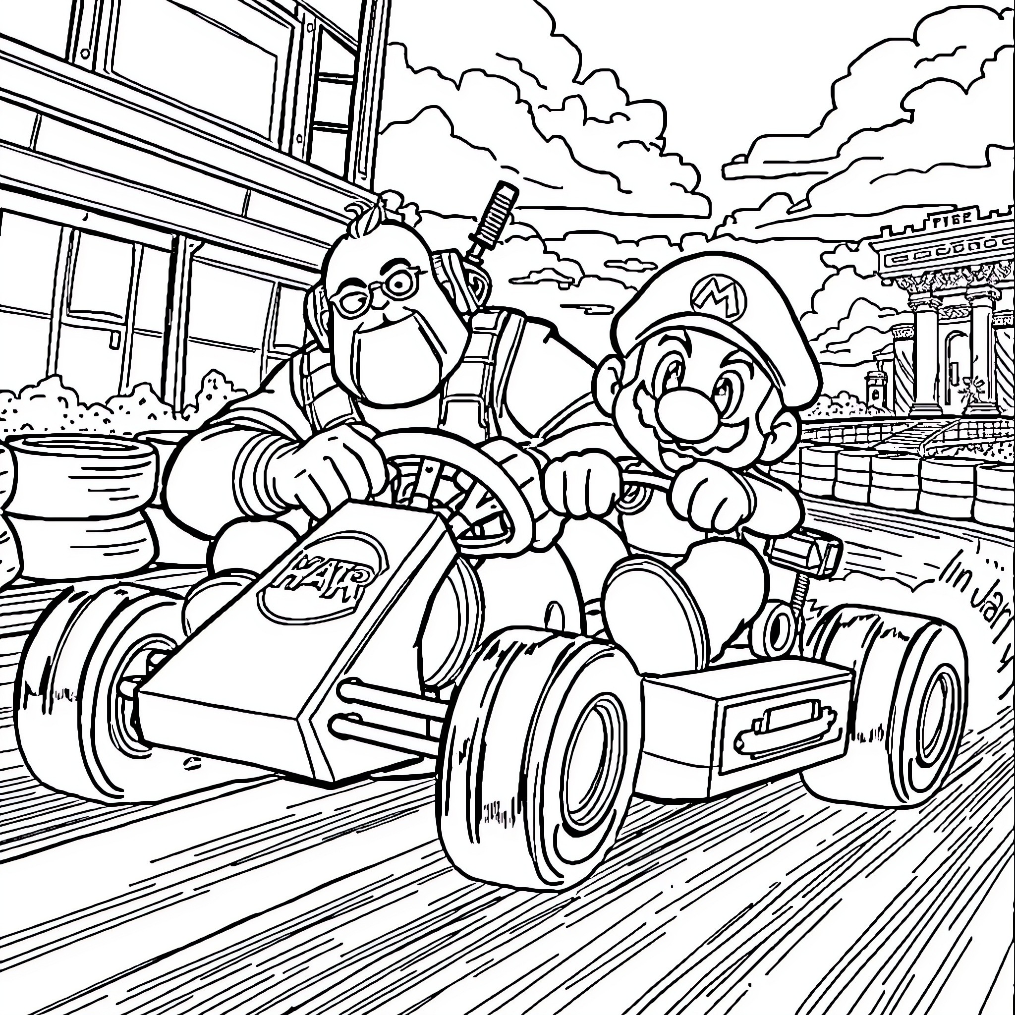 Daddy and son ride go-karts in the city Coloring Page (free black-and-white line drawing printable PDF for all, from beginners to advanced learners, including children, teens, adults, and seniors)
