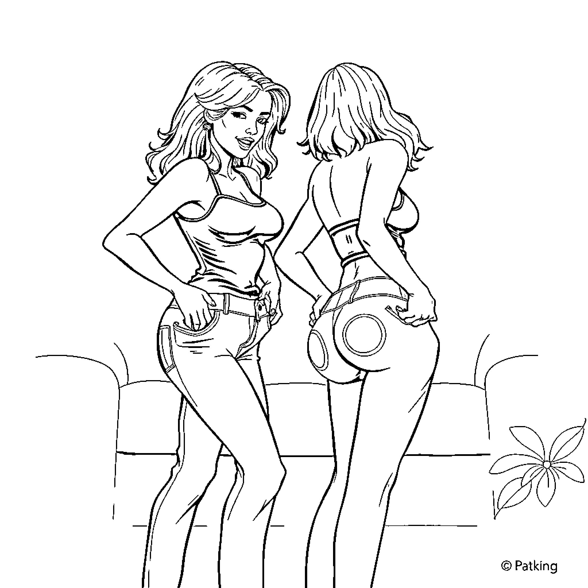 Woman posing confidently with friend in stylish outfits Coloring Page (free black-and-white line drawing printable PDF for all, from beginners to advanced learners, including children, teens, adults, and seniors)