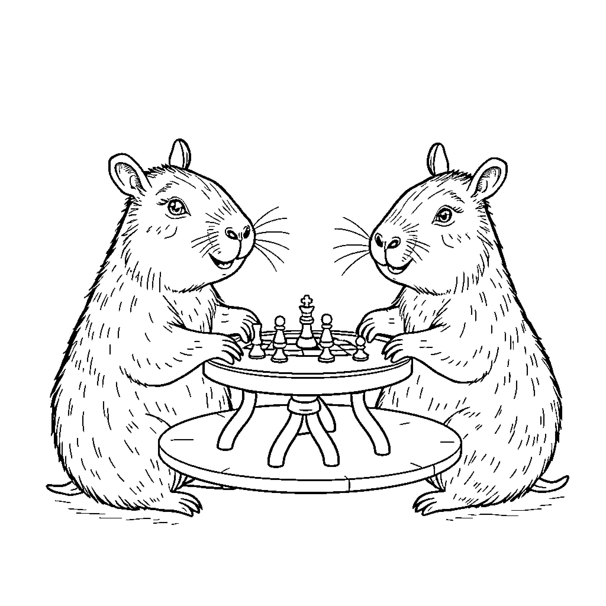 Capybaras playing chess together Coloring Page (free black-and-white line drawing printable PDF for all, from beginners to advanced learners, including children, teens, adults, and seniors)