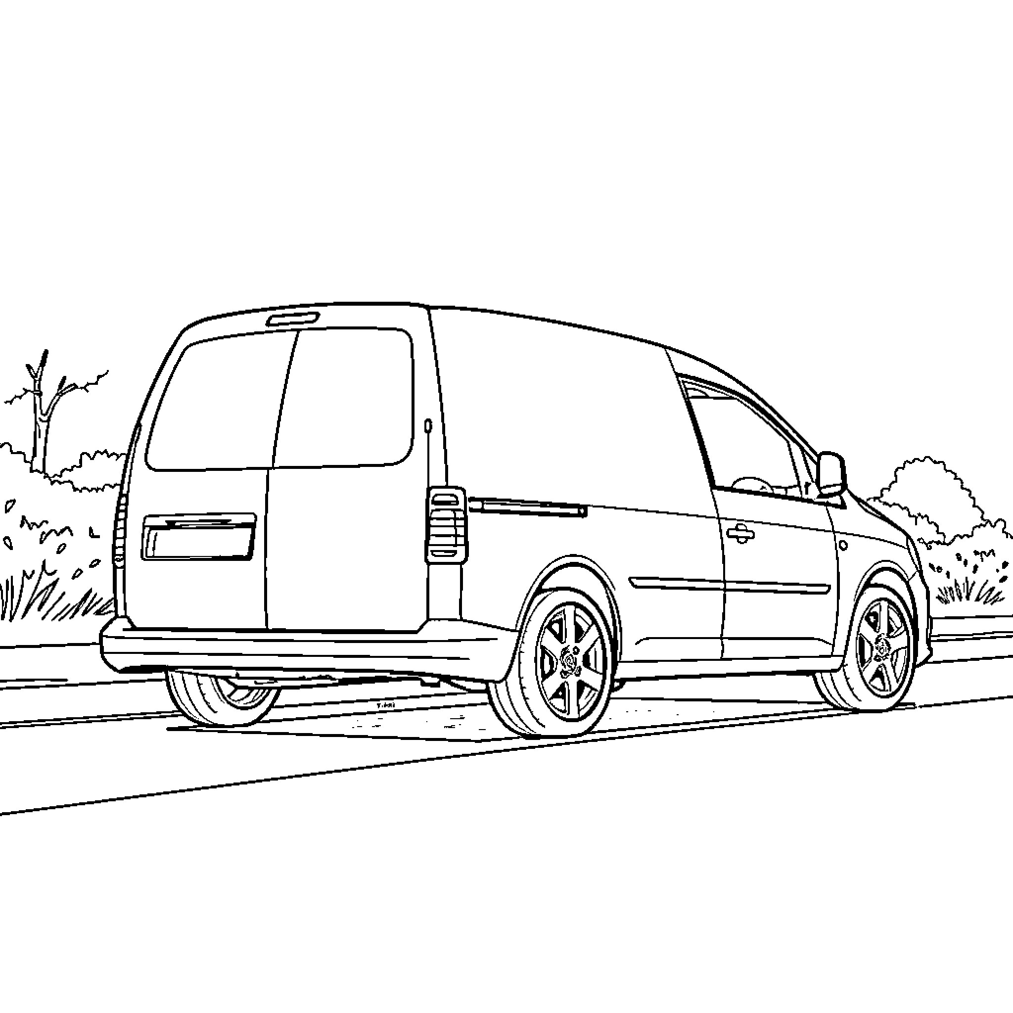 VW Caddy driving down the road Coloring Page (free black-and-white line drawing printable PDF for all, from beginners to advanced learners, including children, teens, adults, and seniors)