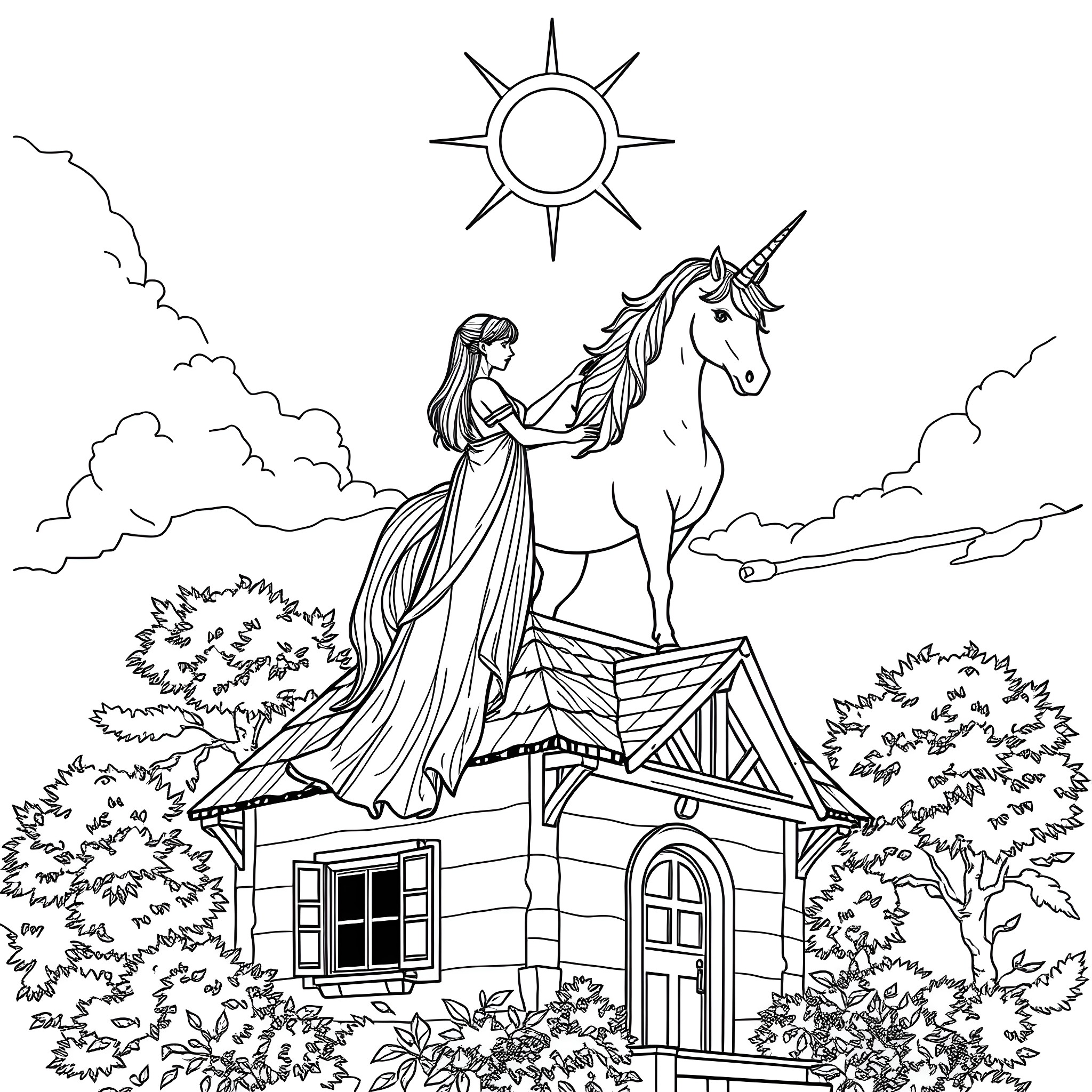 Unicorn and maiden in a magical landscape Coloring Page (free black-and-white line drawing printable PDF for all, from beginners to advanced learners, including children, teens, adults, and seniors)