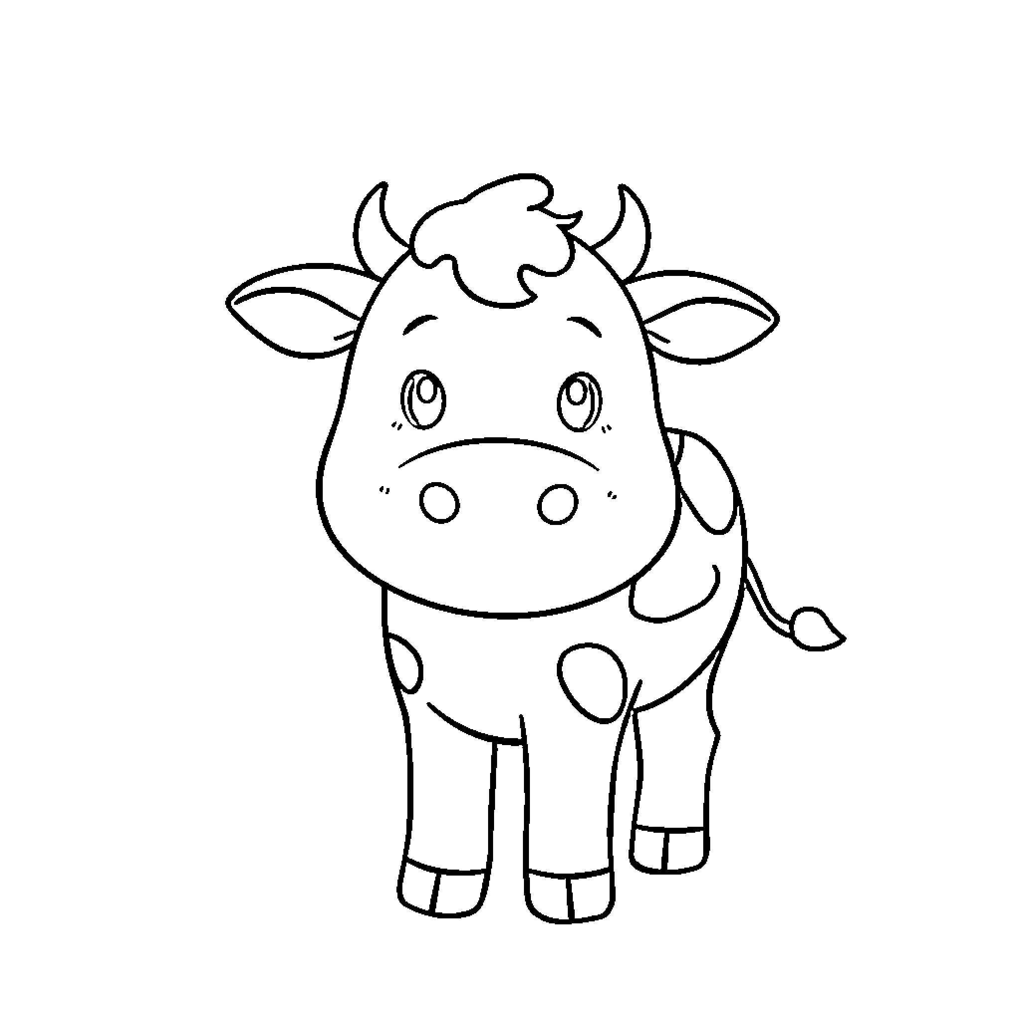 Cow in a friendly, cartoon-like pose Coloring Page (free black-and-white line drawing printable PDF for all, from beginners to advanced learners, including children, teens, adults, and seniors)