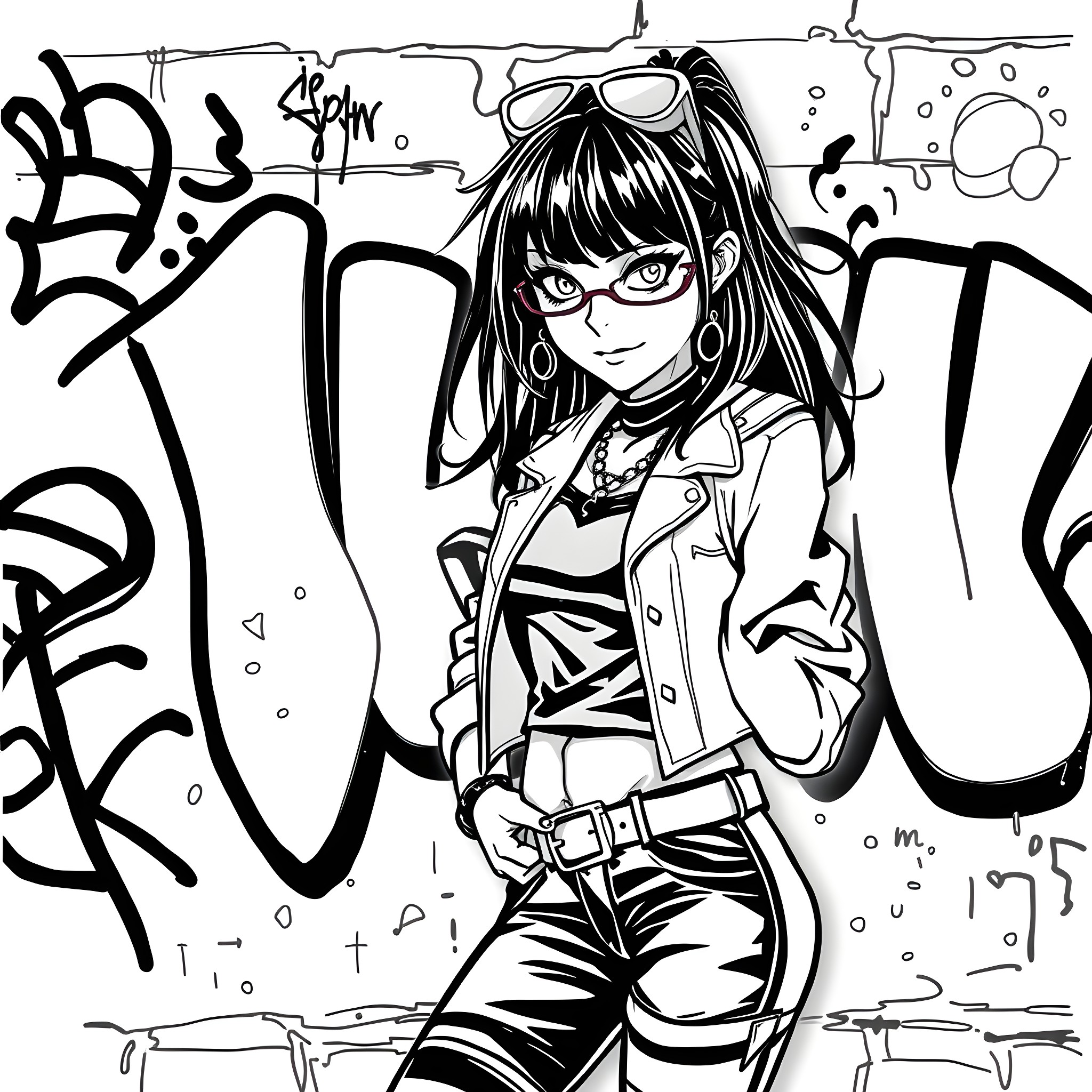 Goth Girl in Rebellious Outfit Coloring Page (free black-and-white line drawing printable PDF for all, from beginners to advanced learners, including children, teens, adults, and seniors)