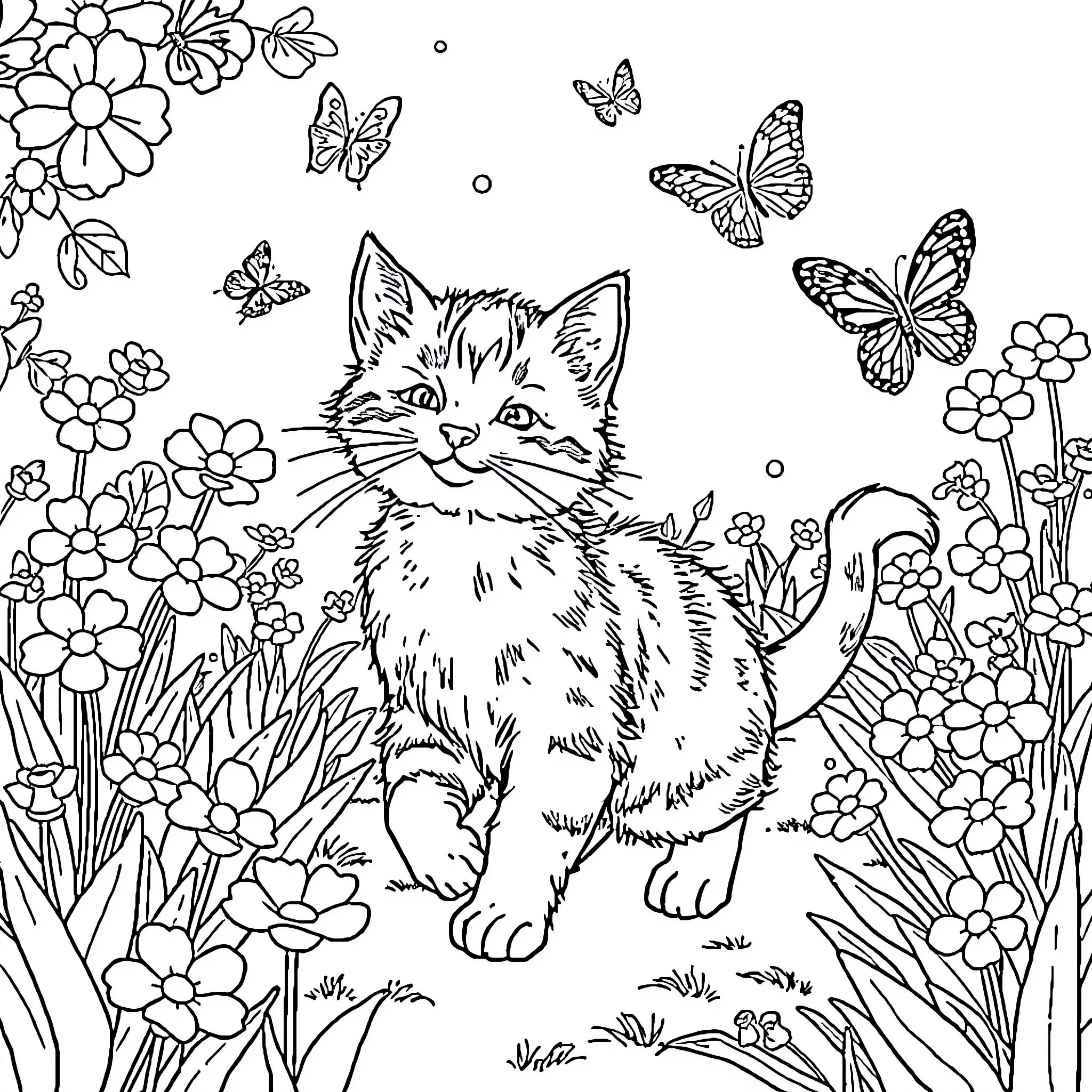 Cat Surrounded by Flowers and Butterflies Coloring Page (free black-and-white line drawing printable PDF for all, from beginners to advanced learners, including children, teens, adults, and seniors)