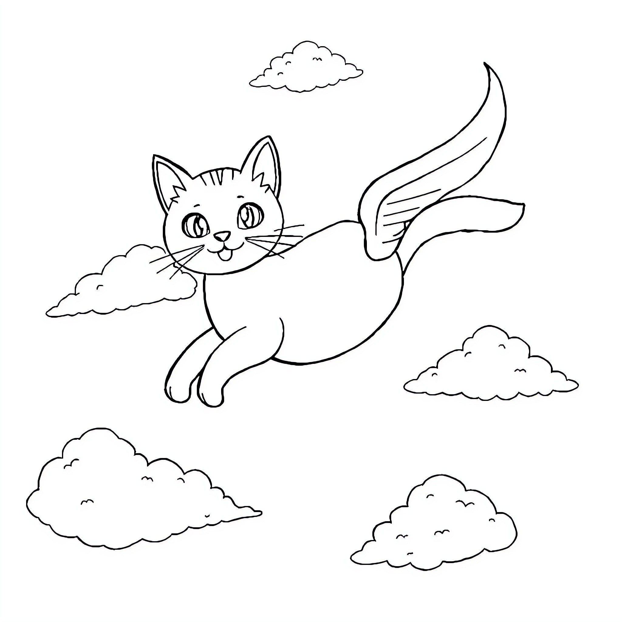 Cat flying joyfully among clouds Coloring Page (free black-and-white line drawing printable PDF for all, from beginners to advanced learners, including children, teens, adults, and seniors)