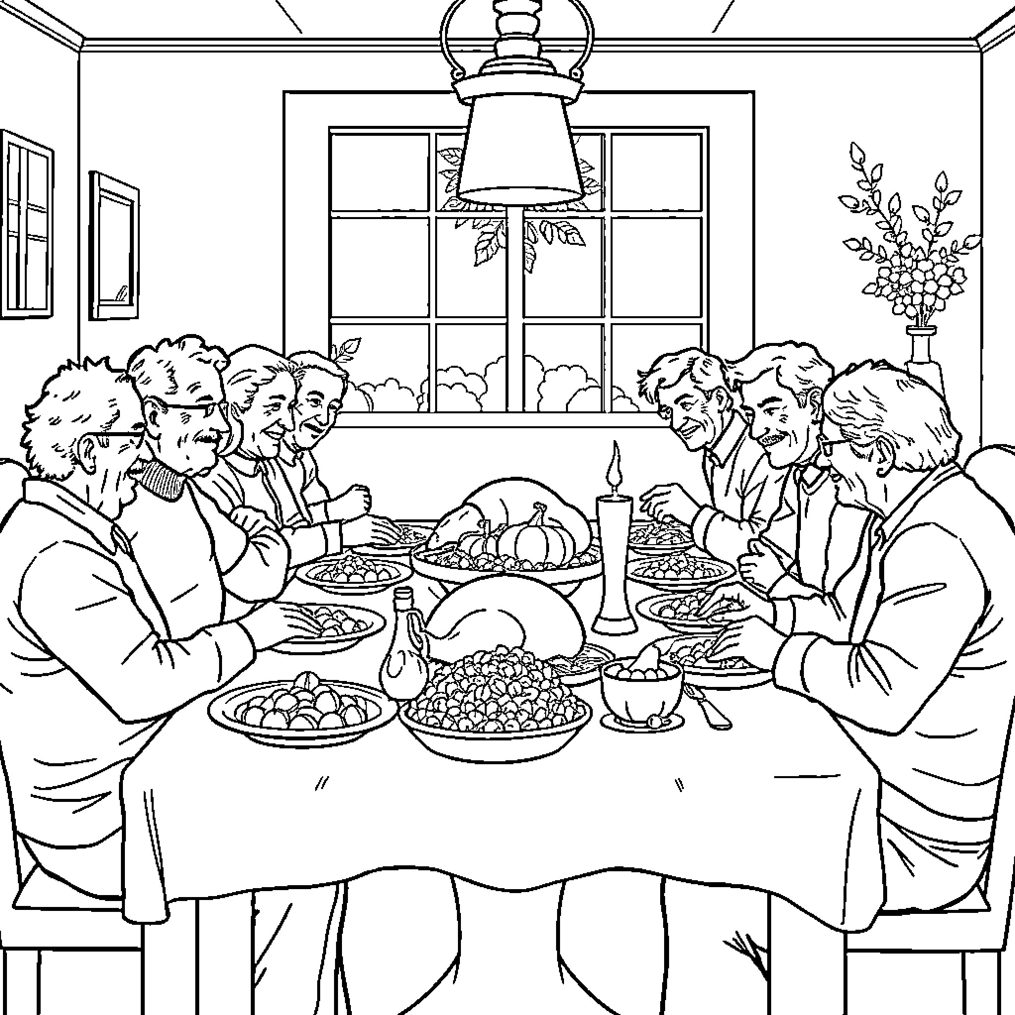 Senior Family Gathering Around Dinner Table Coloring Page (free black-and-white line drawing printable PDF for all, from beginners to advanced learners, including children, teens, adults, and seniors)