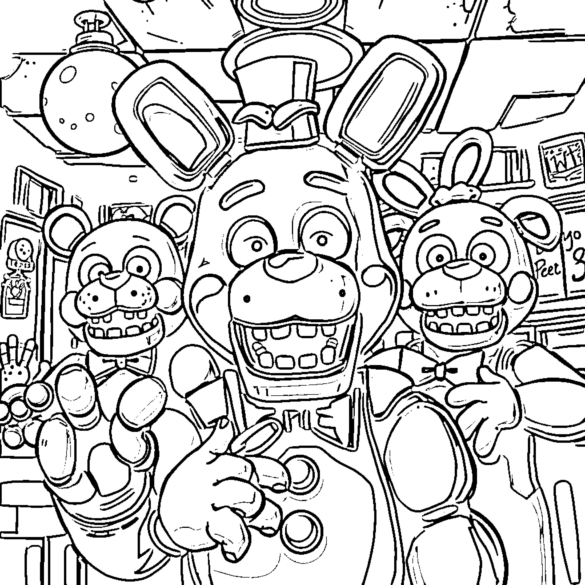Five Nights At Freddy's: Creepy Animatronic Characters in Action Coloring Page (free black-and-white line drawing printable PDF for all, from beginners to advanced learners, including children, teens, adults, and seniors)
