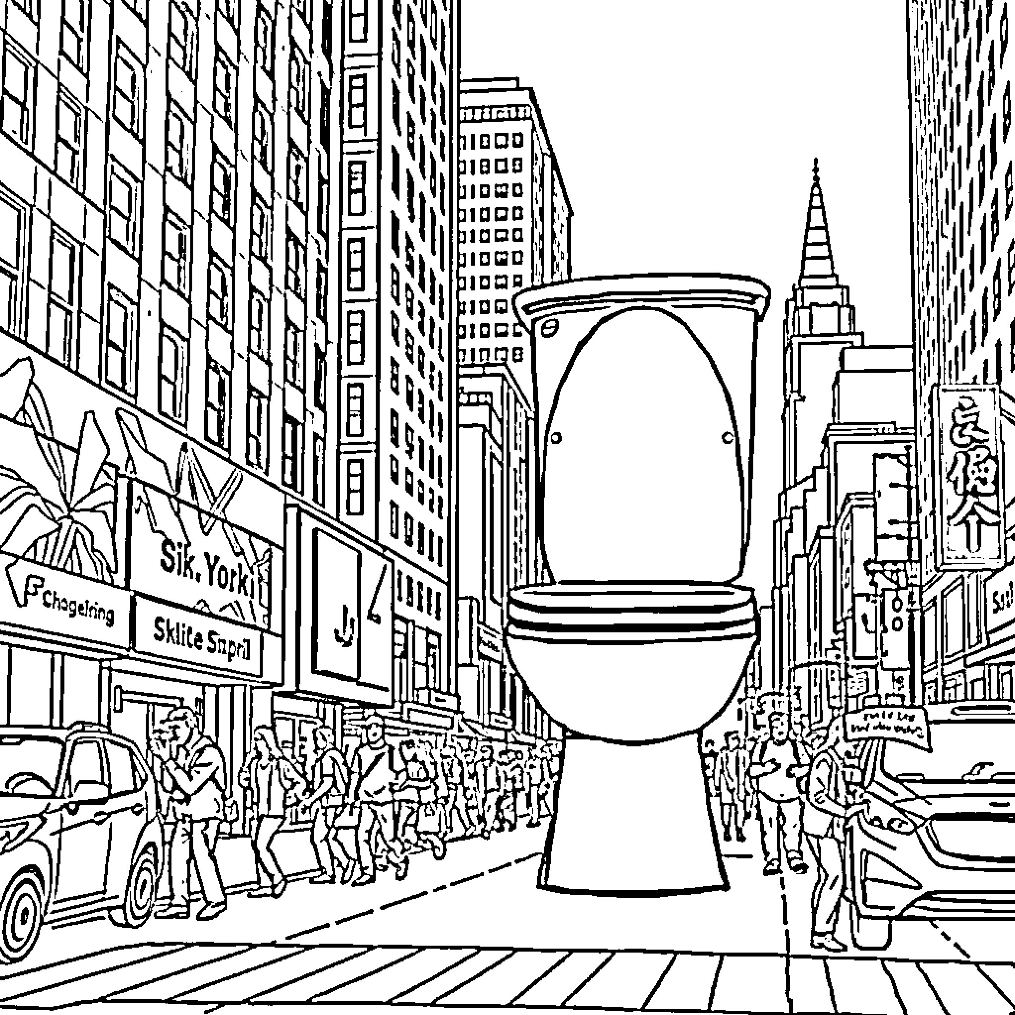 Skibidi Toilet in the Bustling City Coloring Page (free black-and-white line drawing printable PDF for all, from beginners to advanced learners, including children, teens, adults, and seniors)