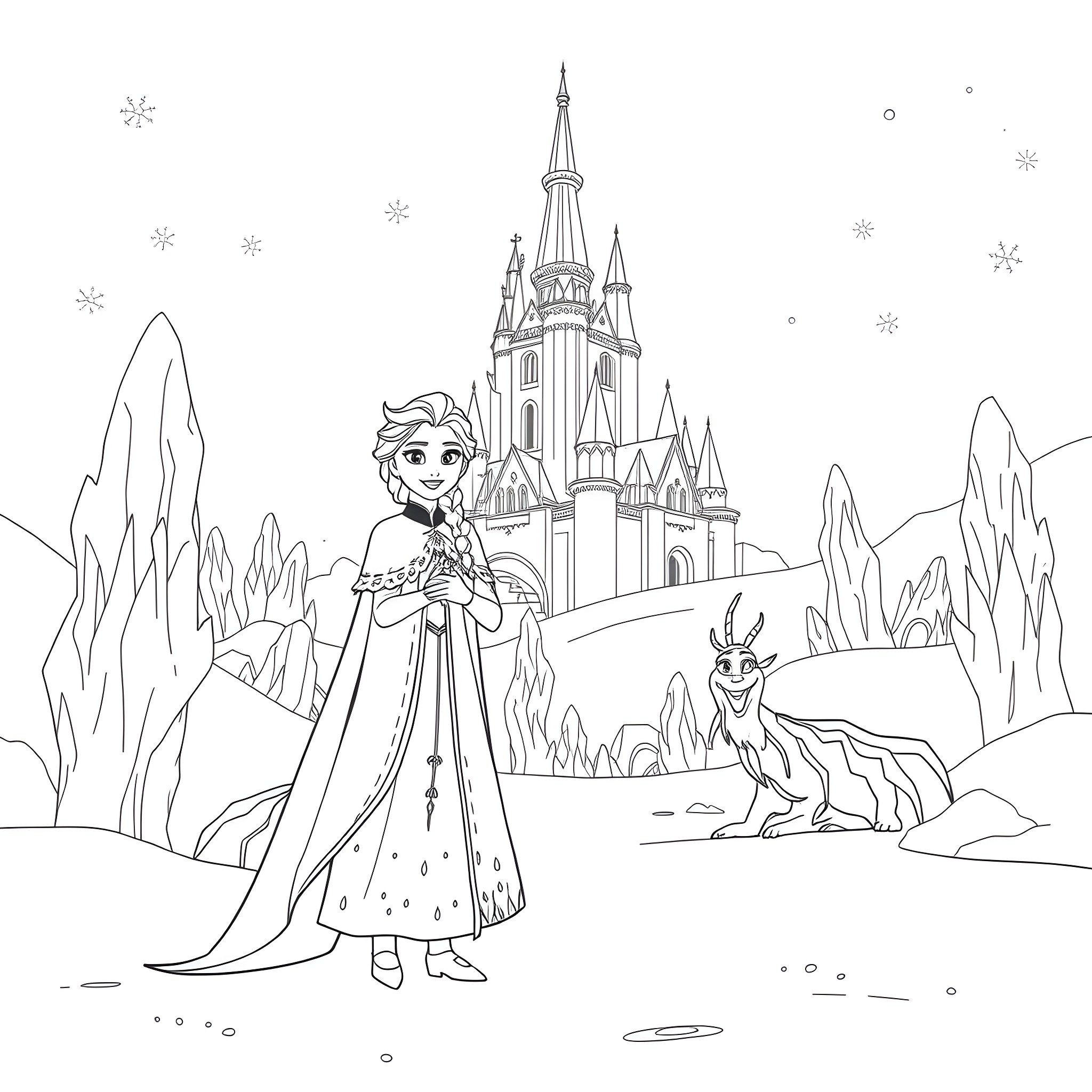 Elsa and Sven in a Winter Wonderland Coloring Page (free black-and-white line drawing printable PDF for all, from beginners to advanced learners, including children, teens, adults, and seniors)