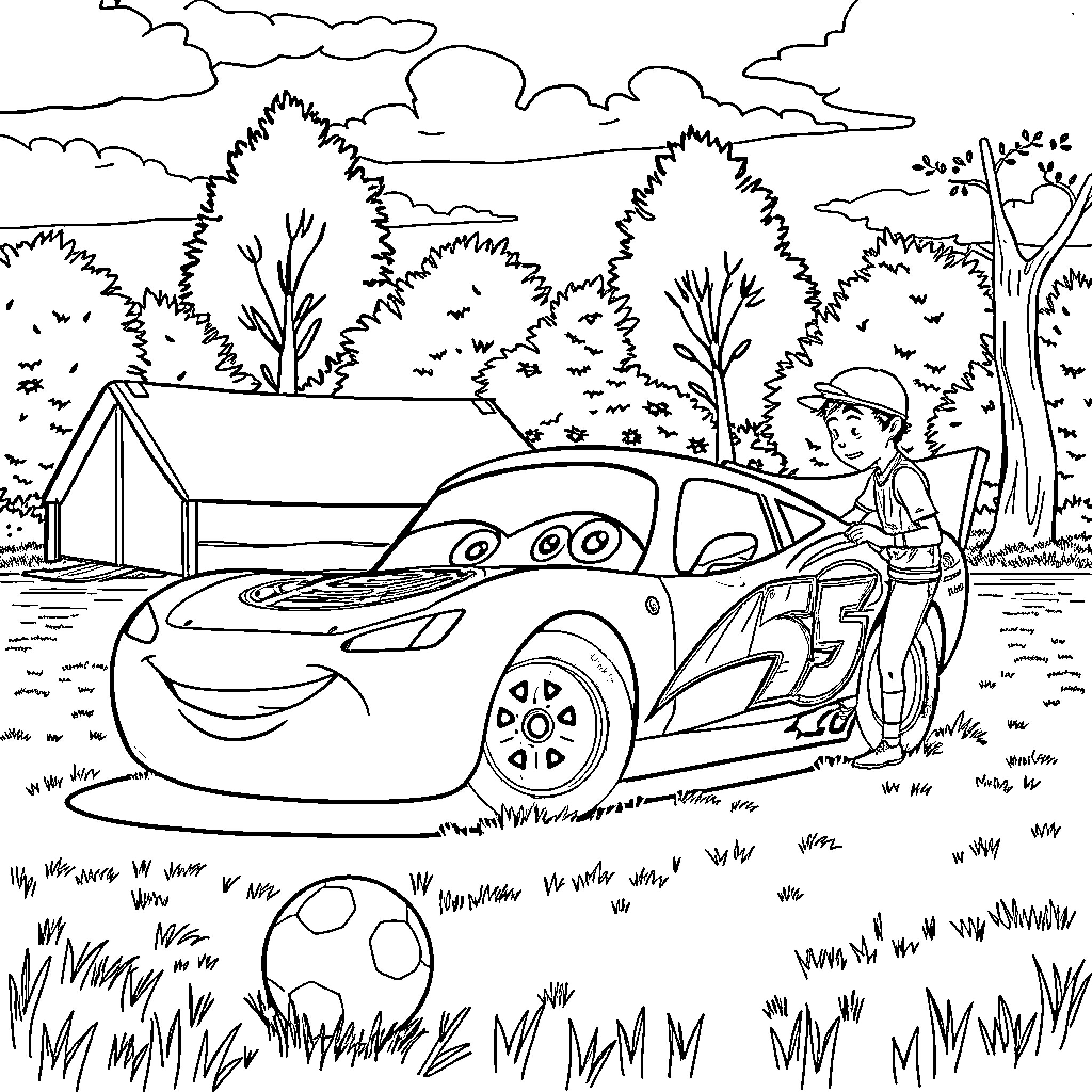 Rayo McQueen's racing adventure in the countryside Coloring Page (free black-and-white line drawing printable PDF for all, from beginners to advanced learners, including children, teens, adults, and seniors)