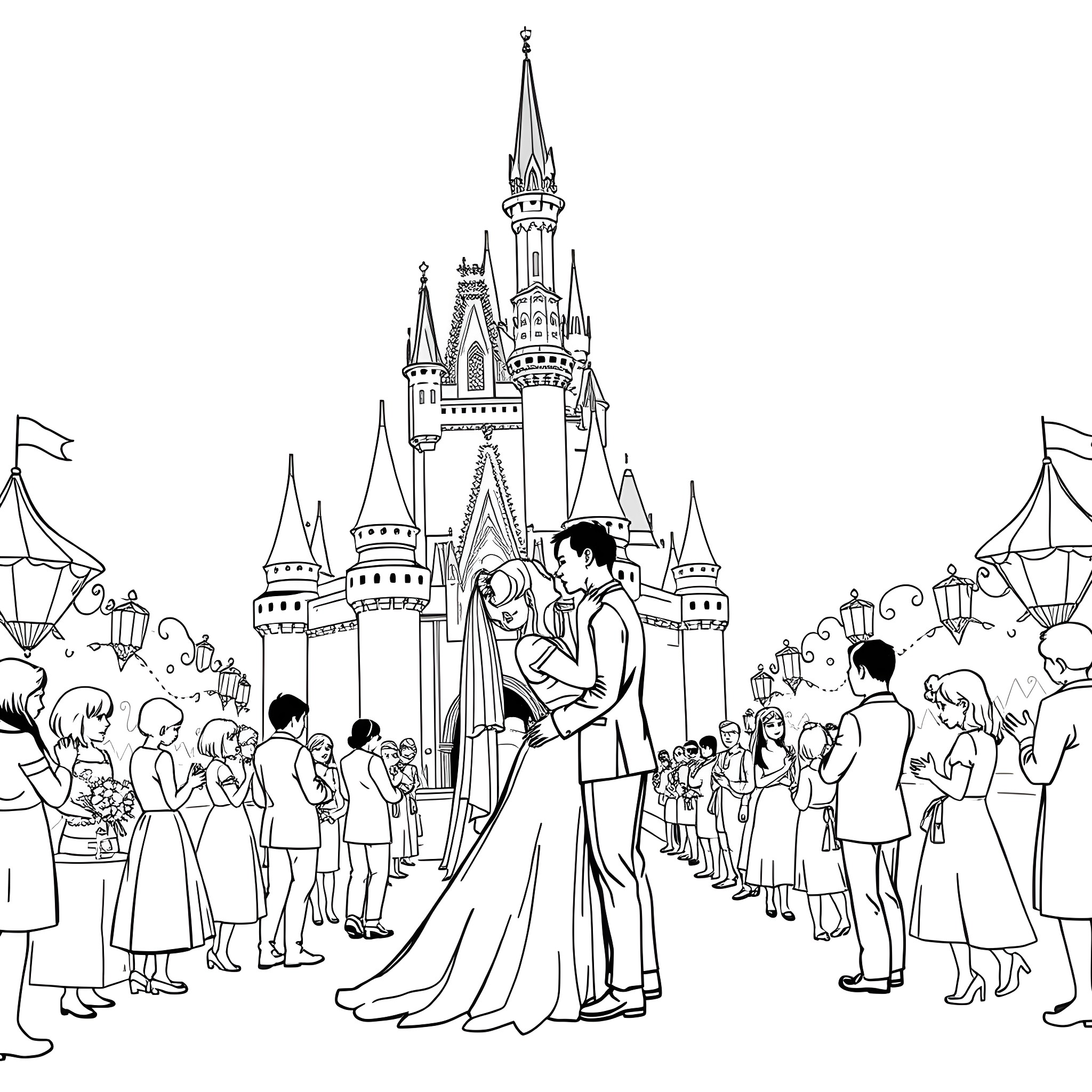 Wedding celebration at the enchanting castle Coloring Page (free black-and-white line drawing printable PDF for all, from beginners to advanced learners, including children, teens, adults, and seniors)