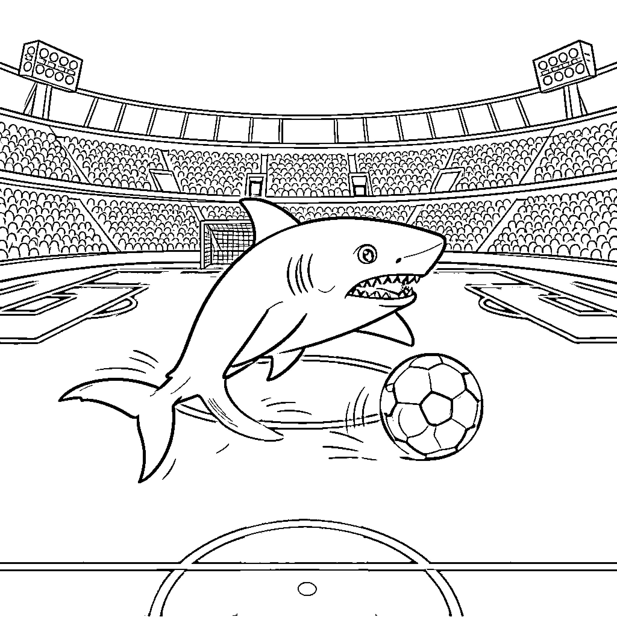 Shark playing soccer in a stadium Coloring Page (free black-and-white line drawing printable PDF for all, from beginners to advanced learners, including children, teens, adults, and seniors)