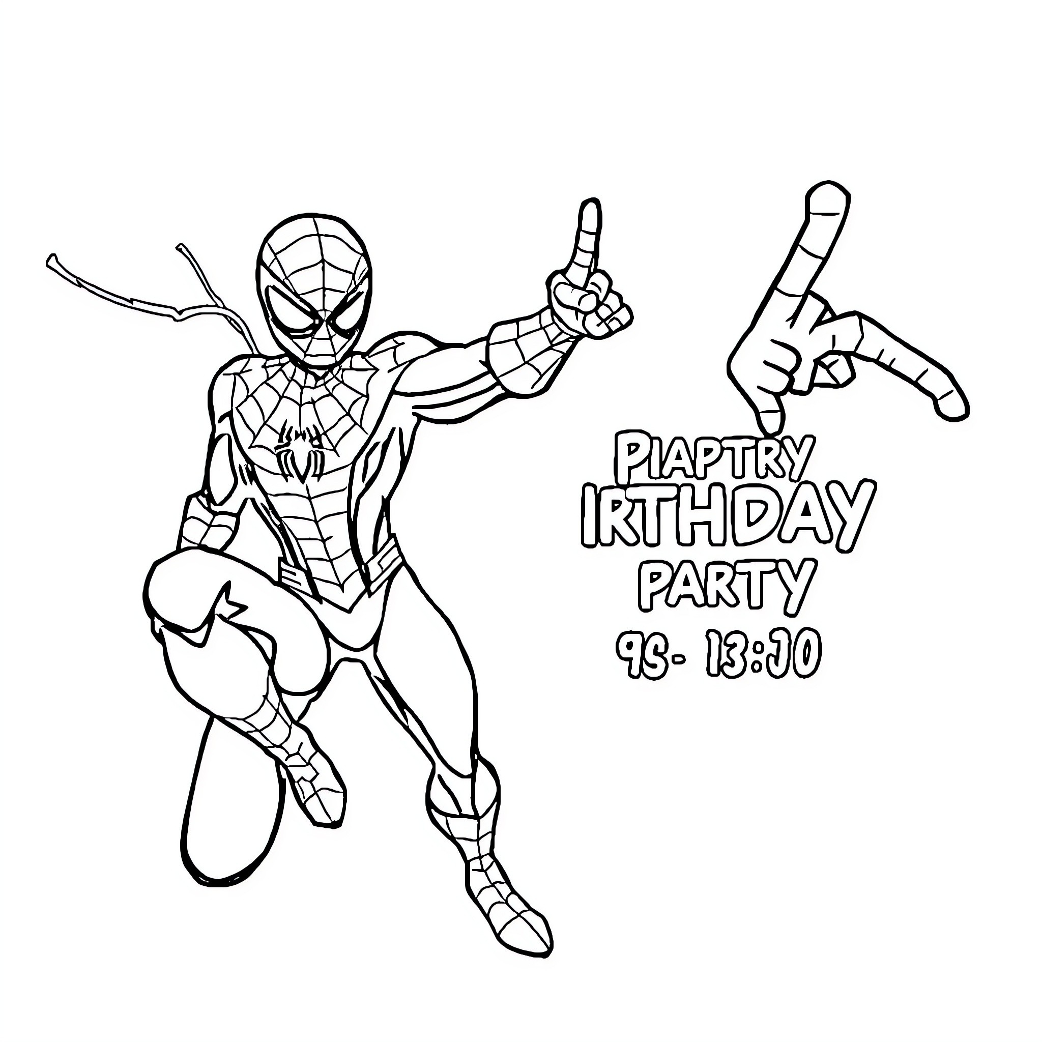 Spider-Man celebrating birthday party Coloring Page (free black-and-white line drawing printable PDF for all, from beginners to advanced learners, including children, teens, adults, and seniors)
