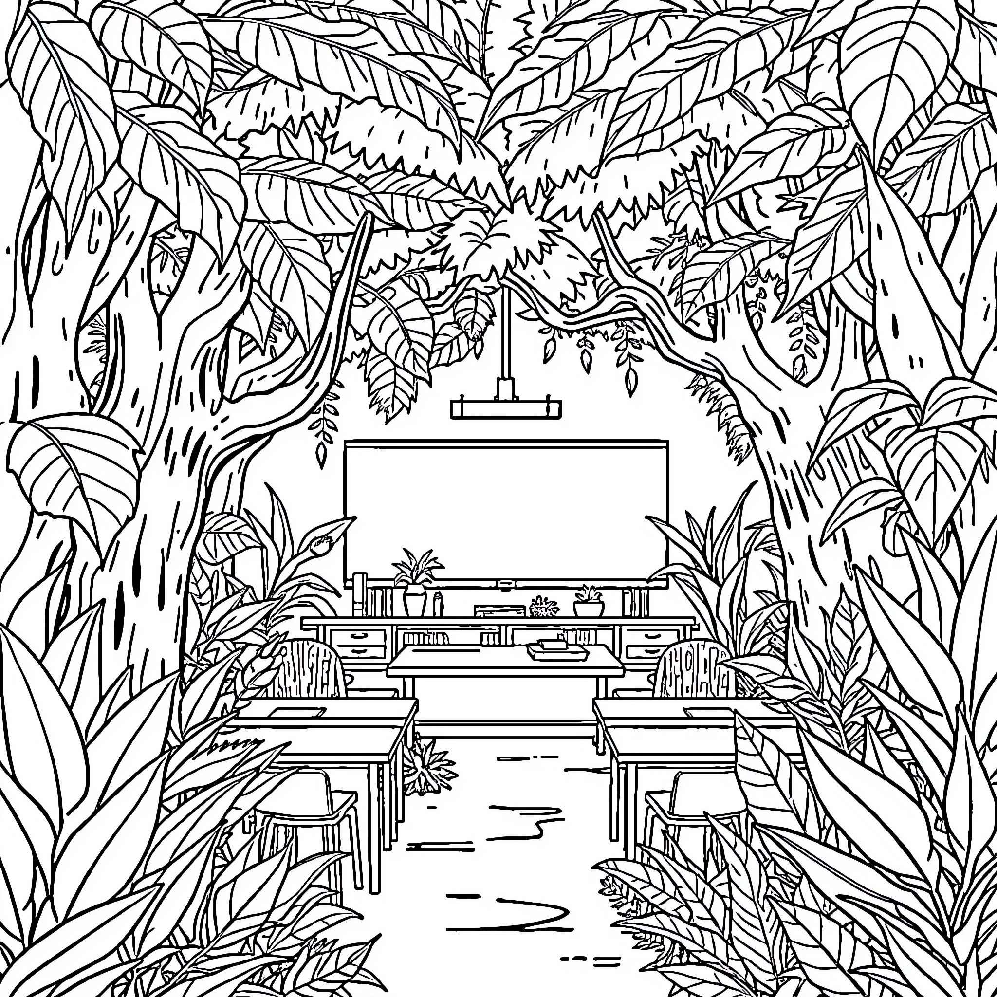 Classroom in a Lush Jungle Setting Coloring Page (free black-and-white line drawing printable PDF for all, from beginners to advanced learners, including children, teens, adults, and seniors)