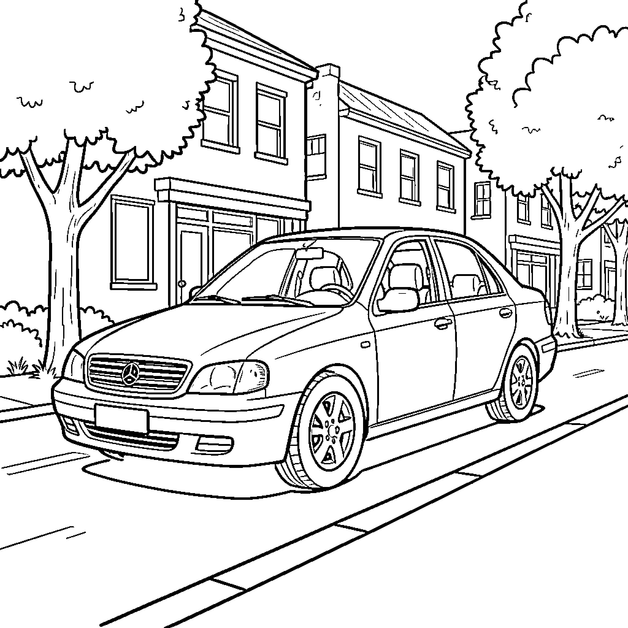 Car parked on a quiet residential street Coloring Page (free black-and-white line drawing printable PDF for all, from beginners to advanced learners, including children, teens, adults, and seniors)