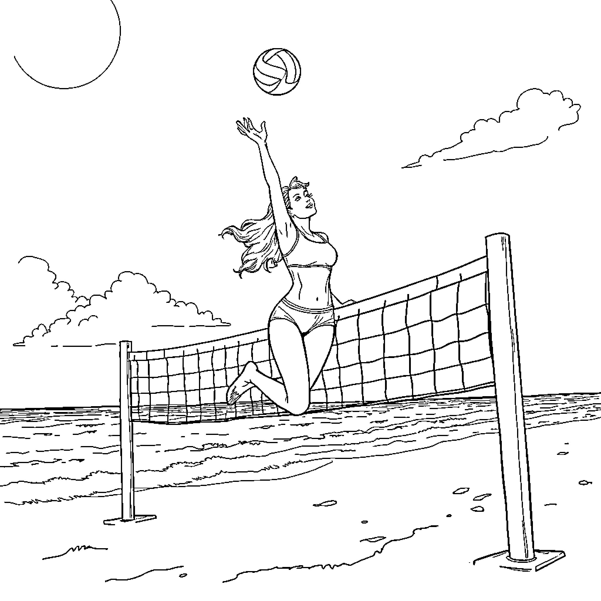 Blonde woman jumping to spike volleyball on the beach Coloring Page (free black-and-white line drawing printable PDF for all, from beginners to advanced learners, including children, teens, adults, and seniors)