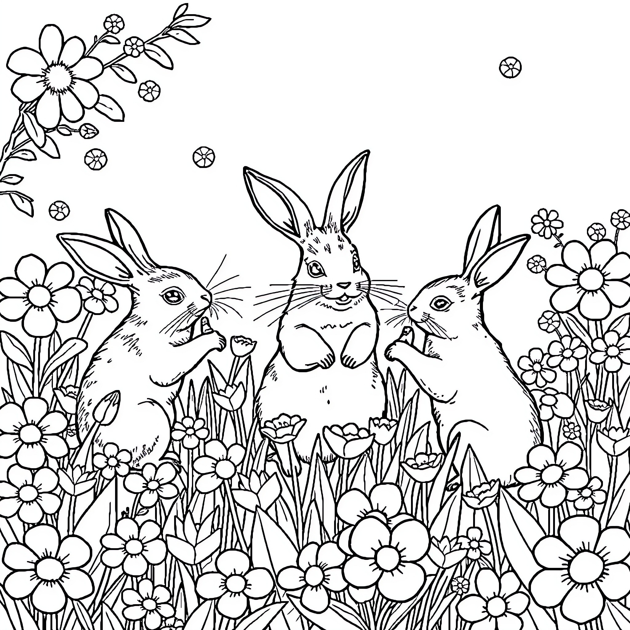 Rabbit Trio Frolicking in Floral Garden Coloring Page (free black-and-white line drawing printable PDF for all, from beginners to advanced learners, including children, teens, adults, and seniors)