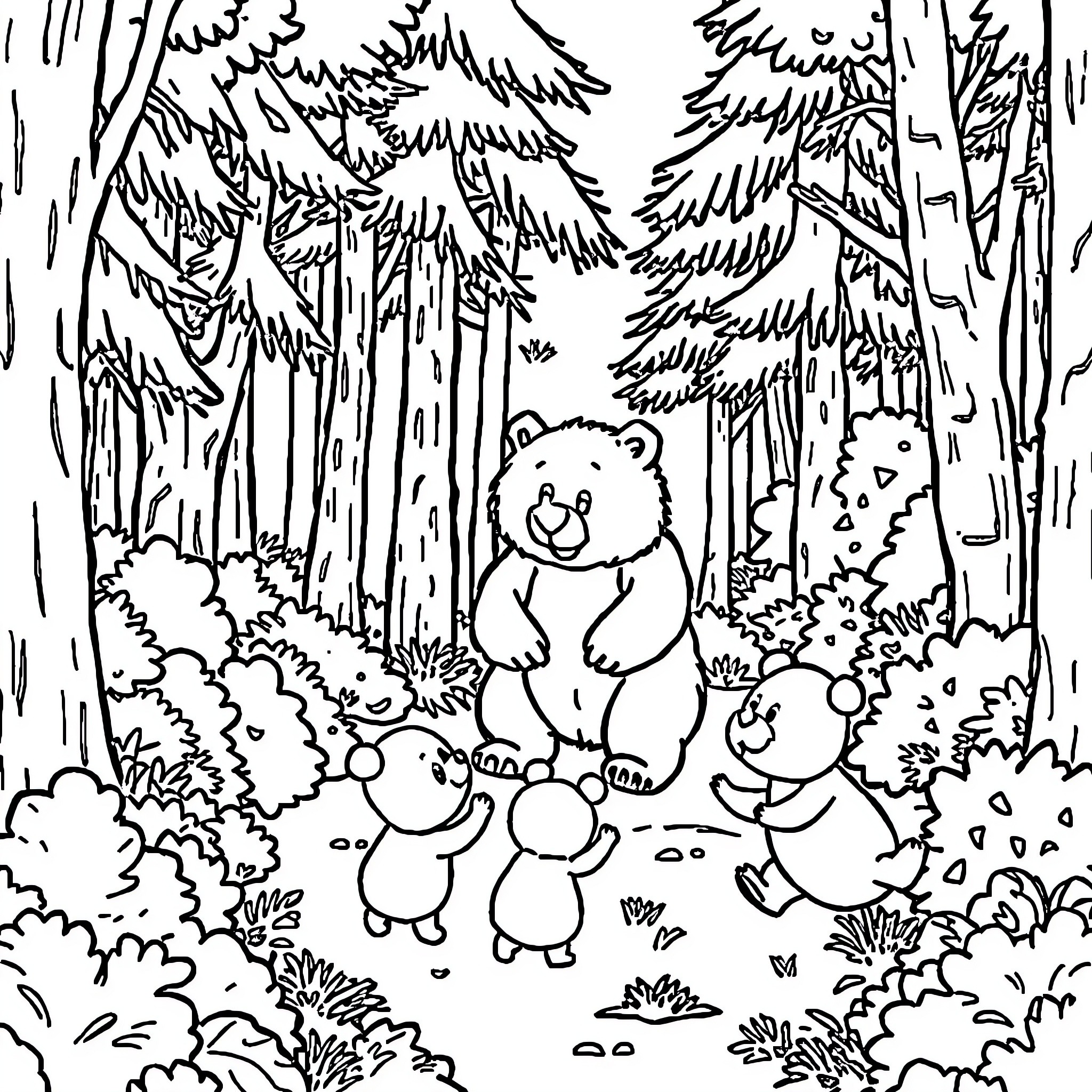 Grizzy's Forest Adventure with Friends Coloring Page (free black-and-white line drawing printable PDF for all, from beginners to advanced learners, including children, teens, adults, and seniors)