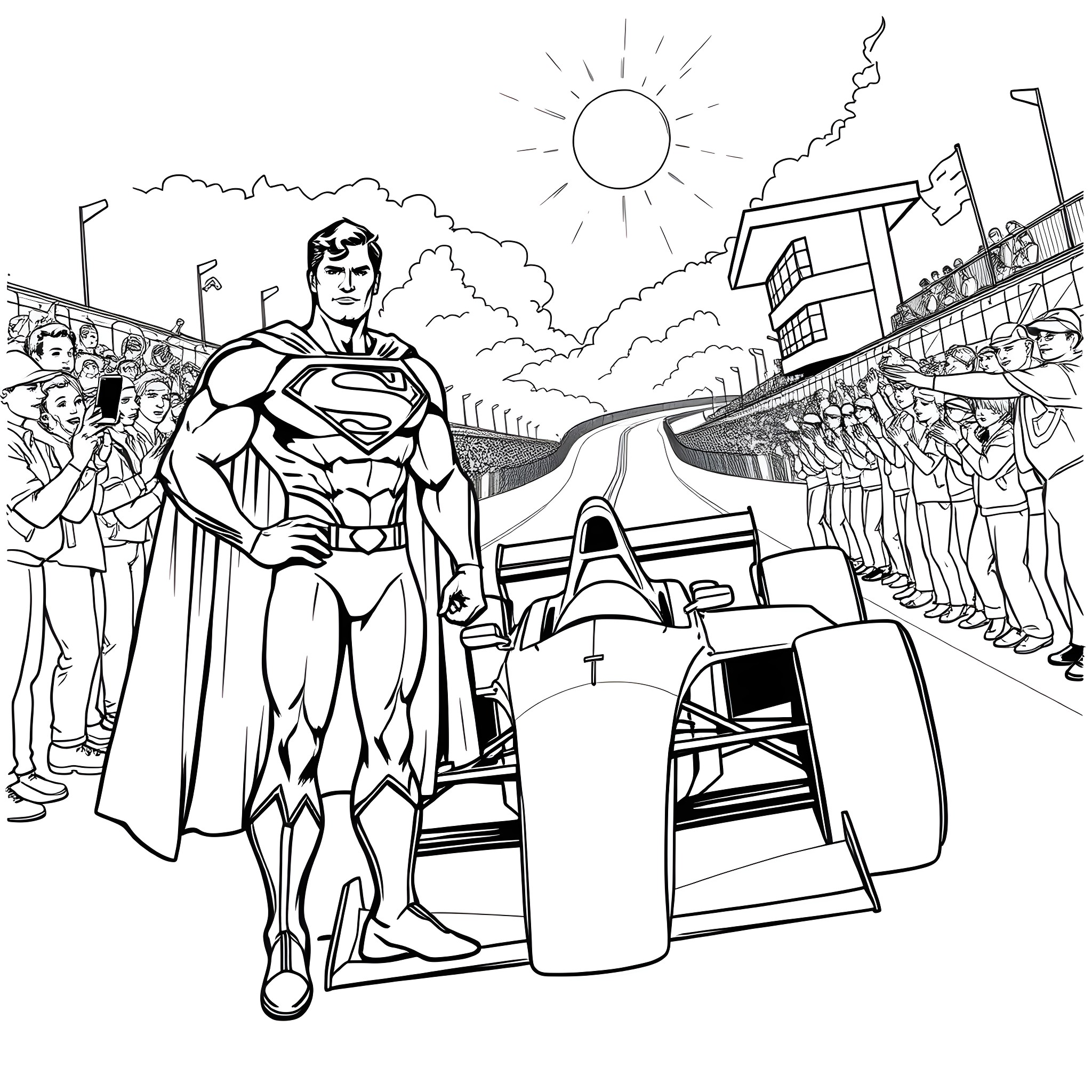 Superman Takes on the Racing Challenge Coloring Page (free black-and-white line drawing printable PDF for all, from beginners to advanced learners, including children, teens, adults, and seniors)