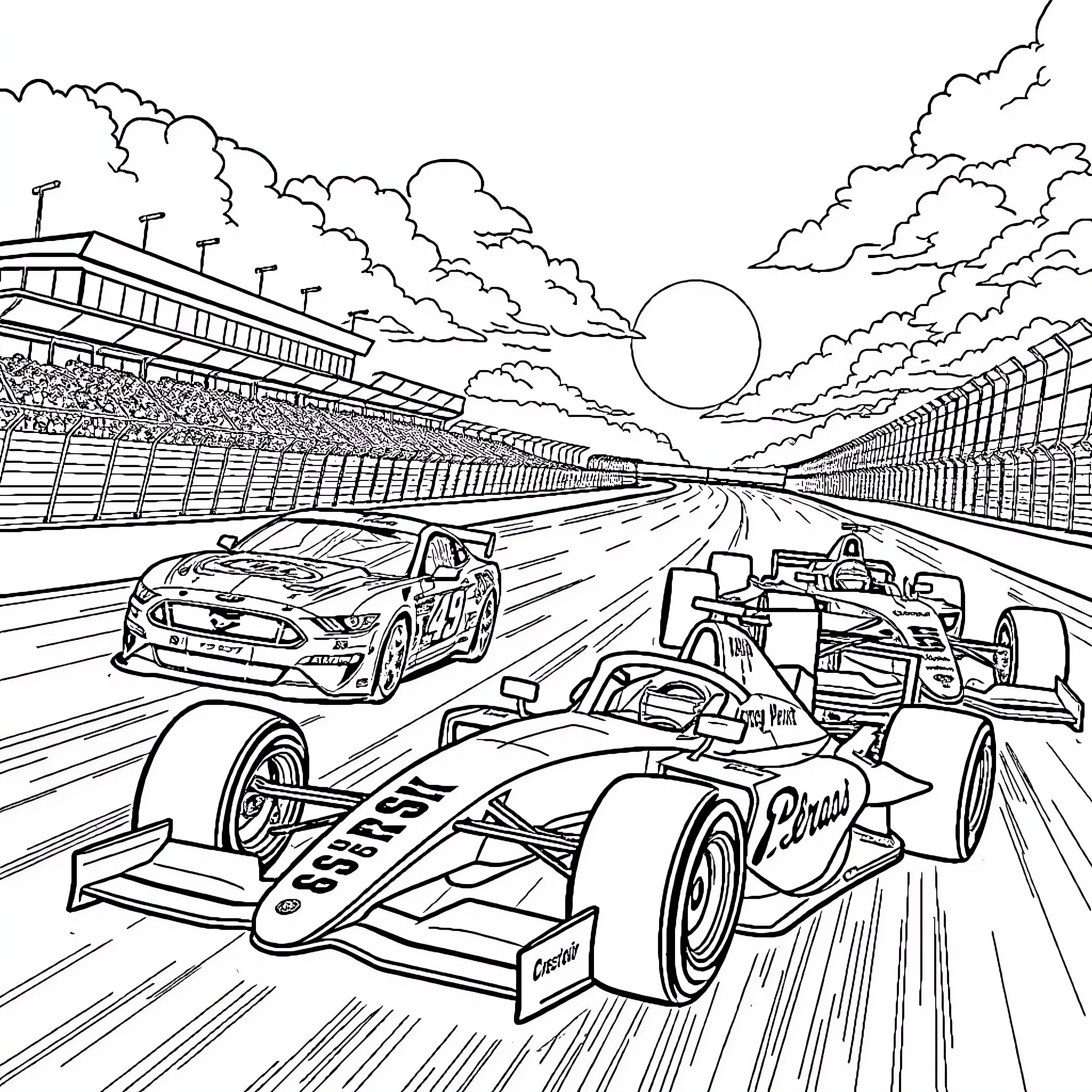 Nascar racers compete on a high-speed track Coloring Page (free black-and-white line drawing printable PDF for all, from beginners to advanced learners, including children, teens, adults, and seniors)